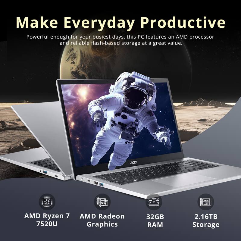 Make Everyday Productive

Powerful enough for your busiest days, this PC features an AMD processor and reliable flash-based storage at a great value.

- AMD Ryzen 7 7520U
- AMD Radeon Graphics
- 32GB RAM
- 2.16TB Storage