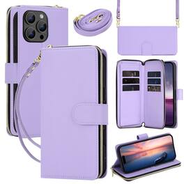 Dteck - Crossbody Wallet Case for Apple iPhone 16 Pro, Shockproof Zipper Pocket PU Leather Folio Cover with 9 Card Slots - Purple