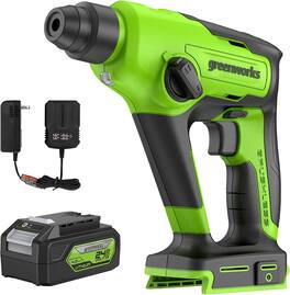 Greenworks - 24V Brushless SDS 1.2J Rotary Hammer with 4Ah USB Battery and 2A Adaptor Charger - Green