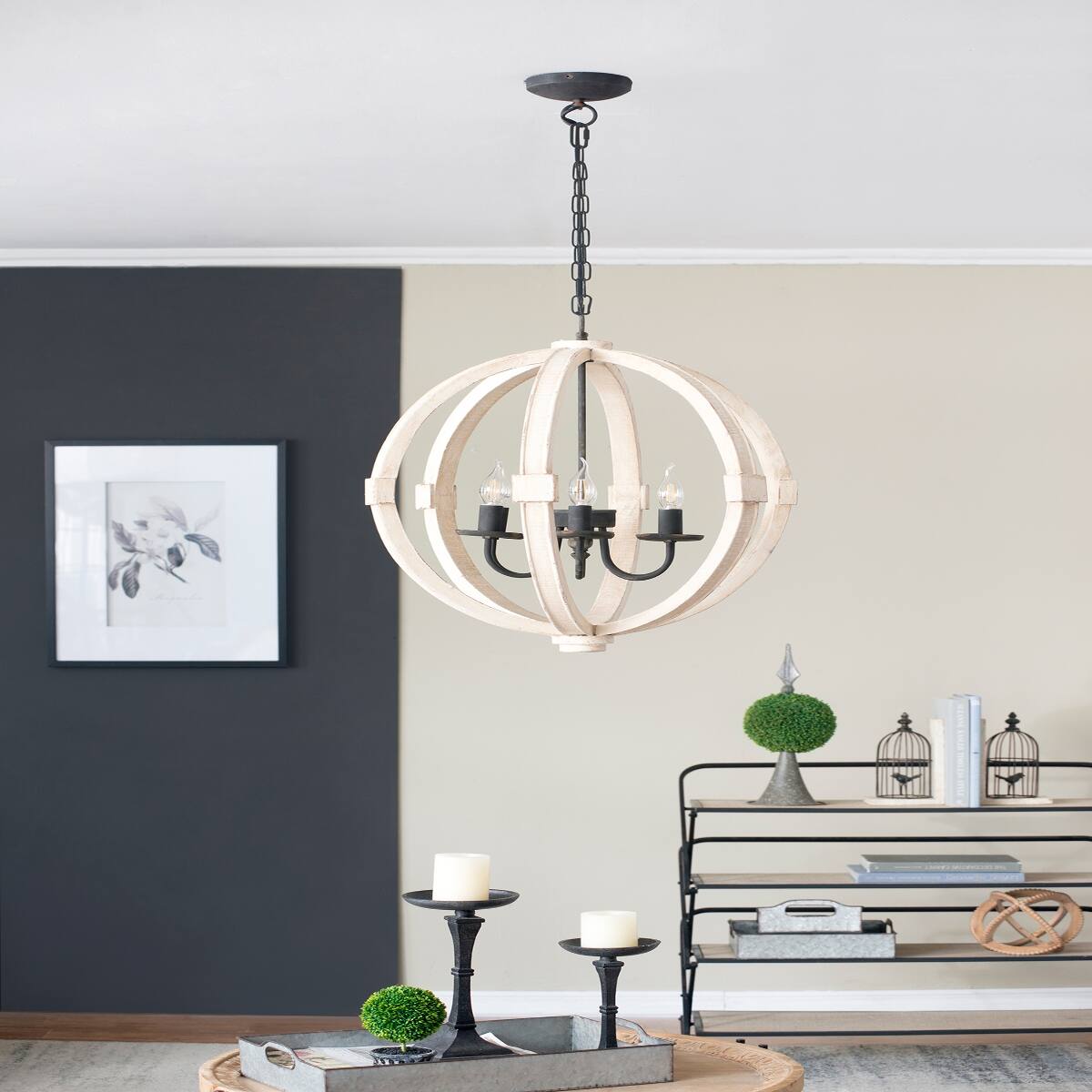 Alt View 8. Loheer - Loheer Six Light Wood Chandelier, Distressed White Finish, Adjustable Chain for Dining Room or Foyer.