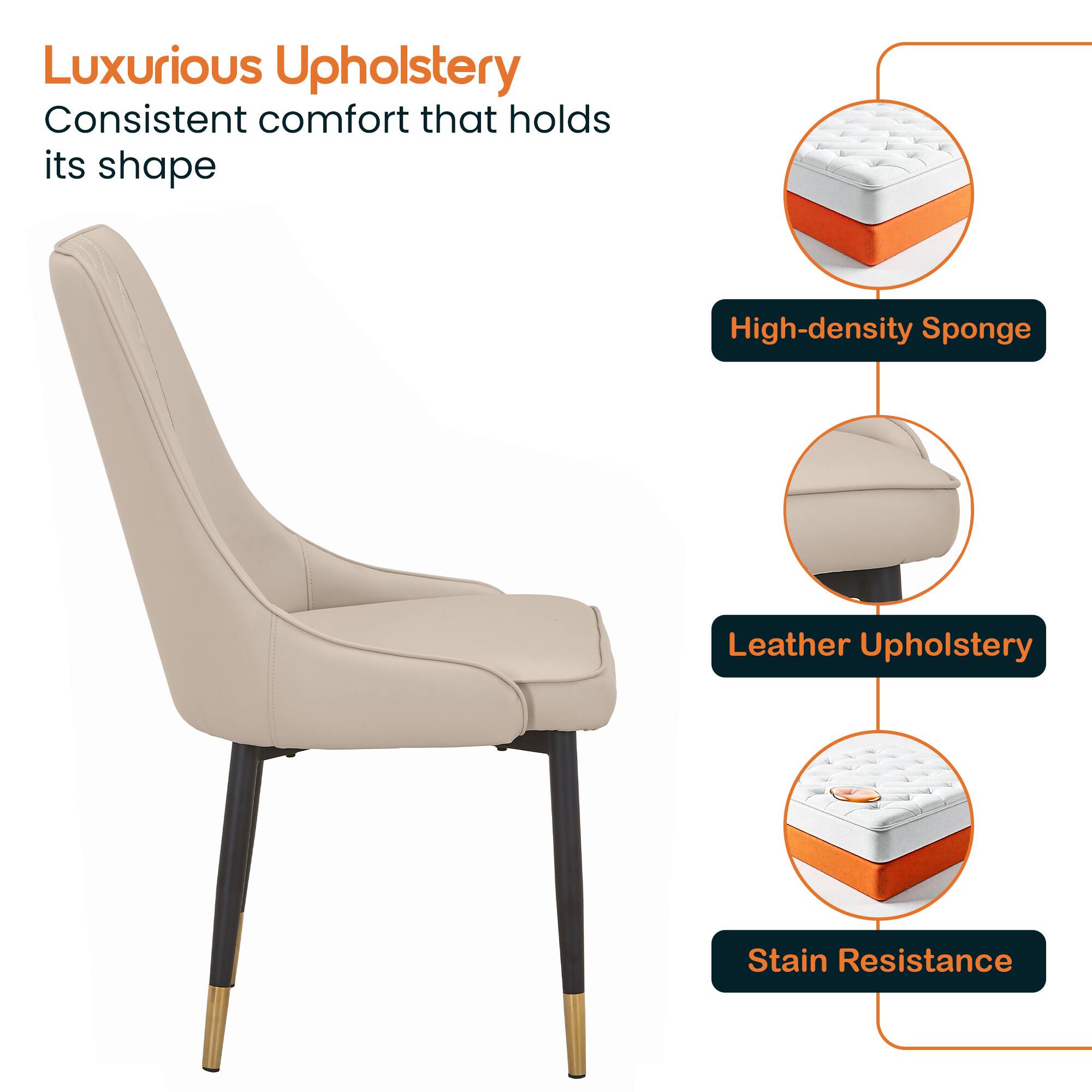 Luxurious Upholstery  
Consistent comfort that holds its shape  
High-density Sponge  
Leather Upholstery  
Stain Resistance