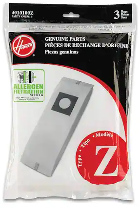 4010100Z
PART# 43655111
3 Bags
Bolsas
Sacs
RESEALABLE
GENUINE PARTS
PIÈCES DE RECHANGE D'ORIGINE
Piezas genuinas
ALLERGEN FILTRATION MEDIA
Traps 99% dust and pollens down to 5 microns.
Type • Modelo • Tipo
Z