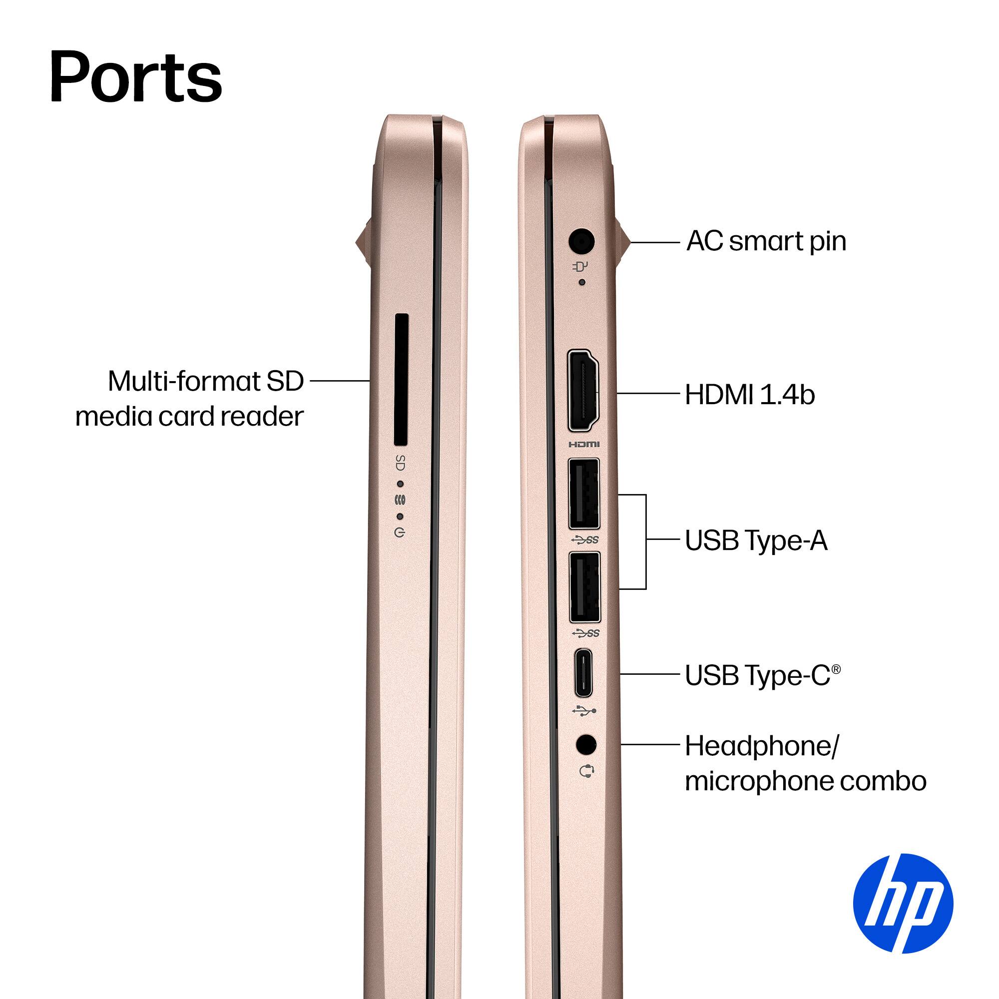Ports

- AC smart pin
- Multi-format SD media card reader
- HDMI 1.4b
- USB Type-A
- USB Type-C
- Headphone/ microphone combo