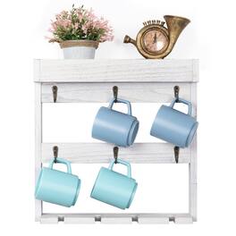 Oumilen - White Distressed Wood Wall Mug Rack with Wine Glass Holder – Coffee Cup Organizer for Kitchen - White