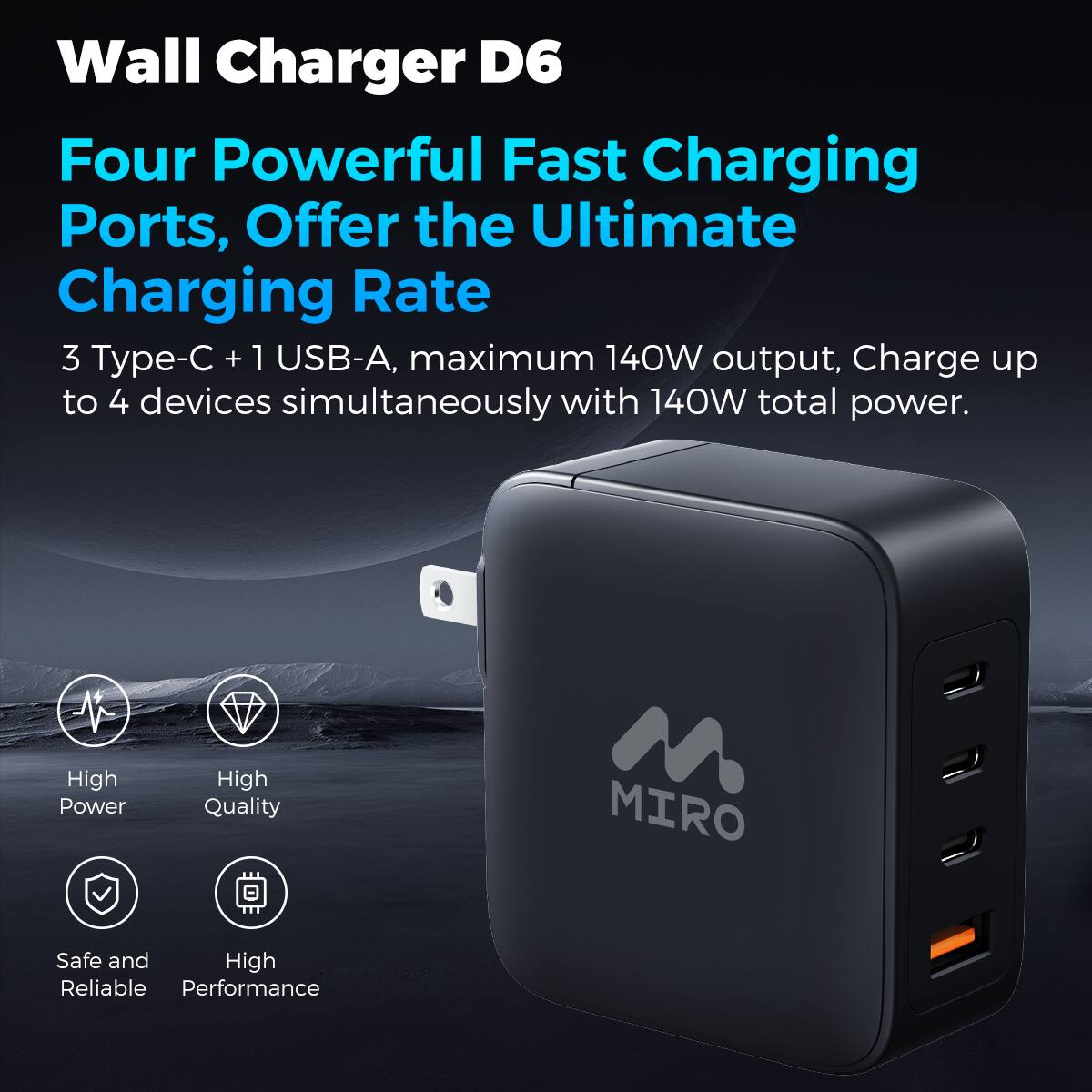 Wall Charger D6, Four Powerful Fast Charging Ports, Offer the Ultimate Charging Rate. 3 Type-C + 1 USB-A, maximum 140W output, Charge up to 4 devices simultaneously with 140W total power. High Power, High Quality, Safe and Reliable, High Performance. MIRO