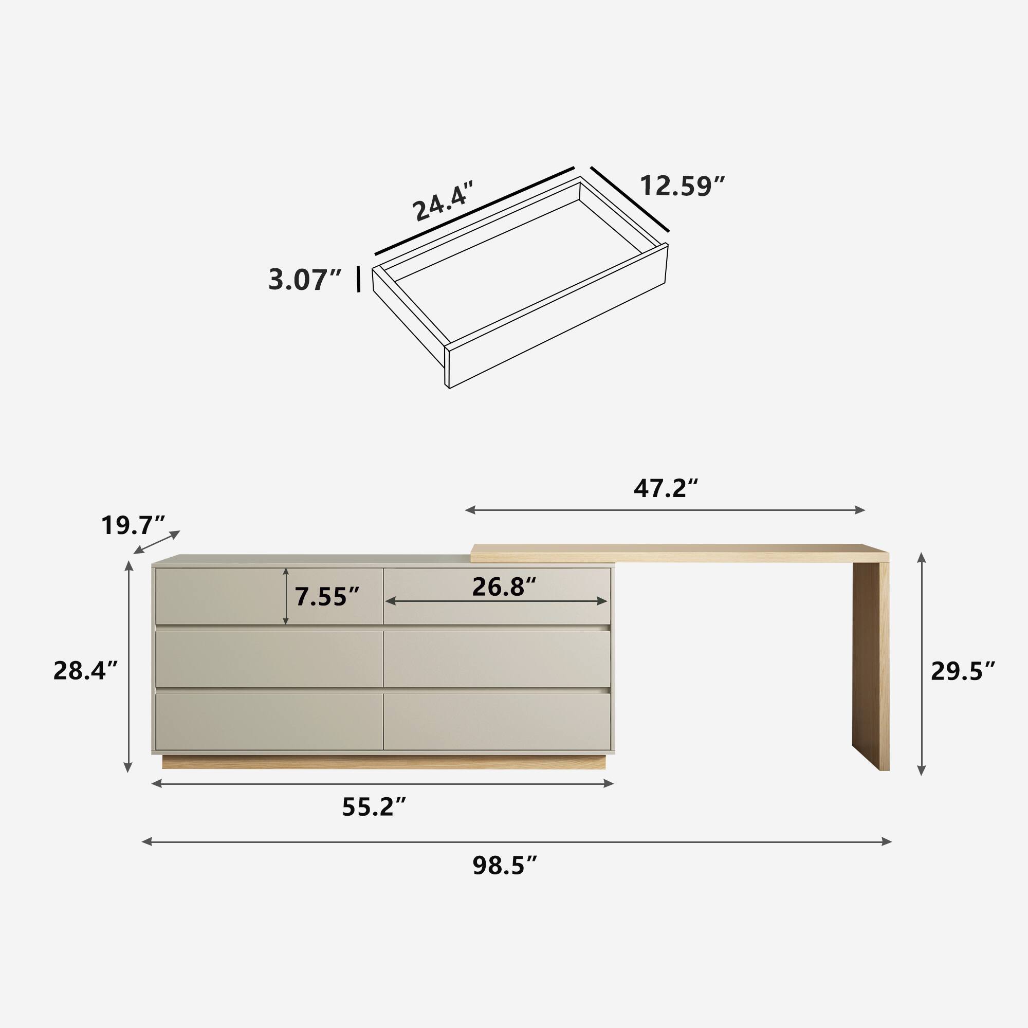 The text can be grouped as follows:

- Dimensions of the top drawer: 24.4", 12.59", 3.07"
- Dimensions of the cabinet: 19.7", 47.2", 7.55", 26.8", 28.4", 55.2", 98.5"
- Dimensions of the side panel: 29.5"