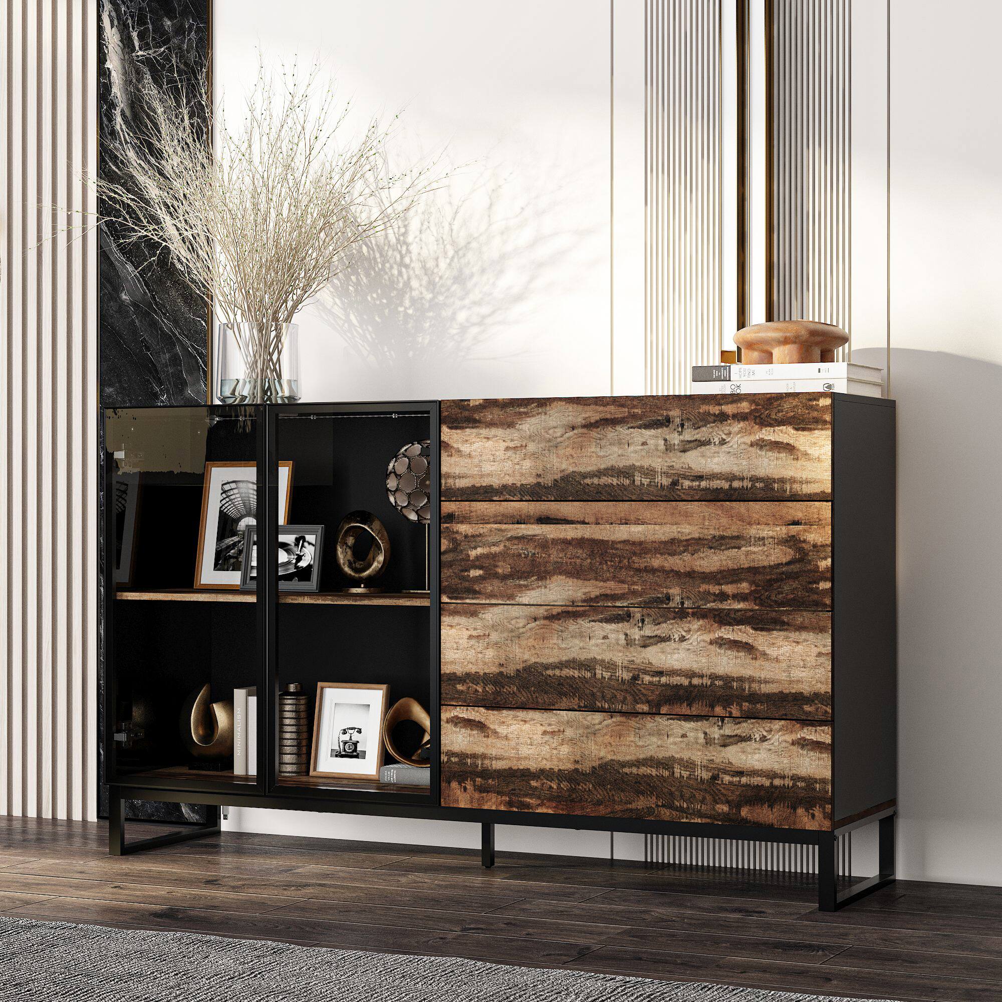 Angle. Famapy - LED Lighted Display Cabinet – Glass & Wood Showcase for Collectibles, Figurines, Books, Home Decor - Black & Brown.