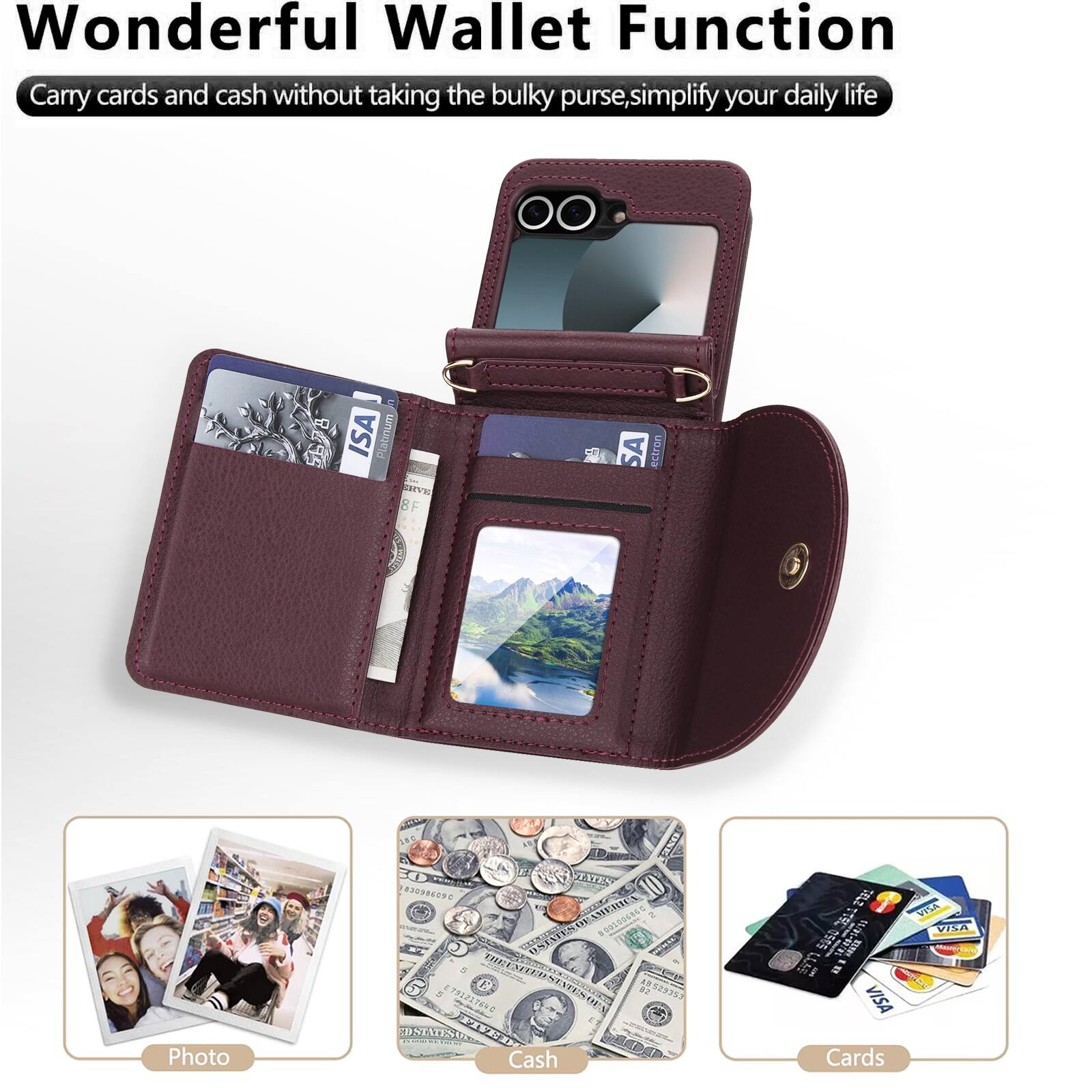 Wonderful Wallet Function  
Carry cards and cash without taking the bulky purse, simplify your daily life  

ISA Platinum  
ENVE SA  
Electron Photo  
DNK TATEA 098890  
OL E  
ATEN C O  
THIEST  
O  
49529359  
SPNTESENT STATES  
FPIS HH  
Cash  
CELZ  
5s  
I S  
In  
VISA Cards  
VICE VIA