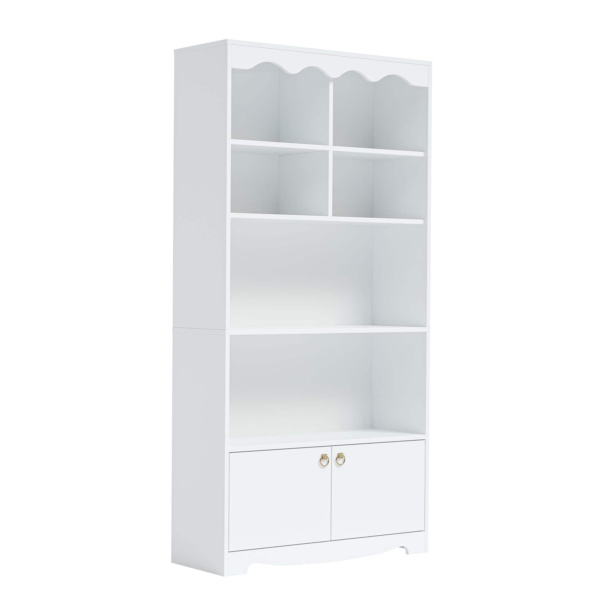 Acekool - 5 Tier Bookcase with Doors, 63 in Tall Modern Bookshelf with Cabinets - White