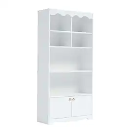 Acekool - 5 Tier Bookcase with Doors, 63 in Tall Modern Bookshelf with Cabinets - White
