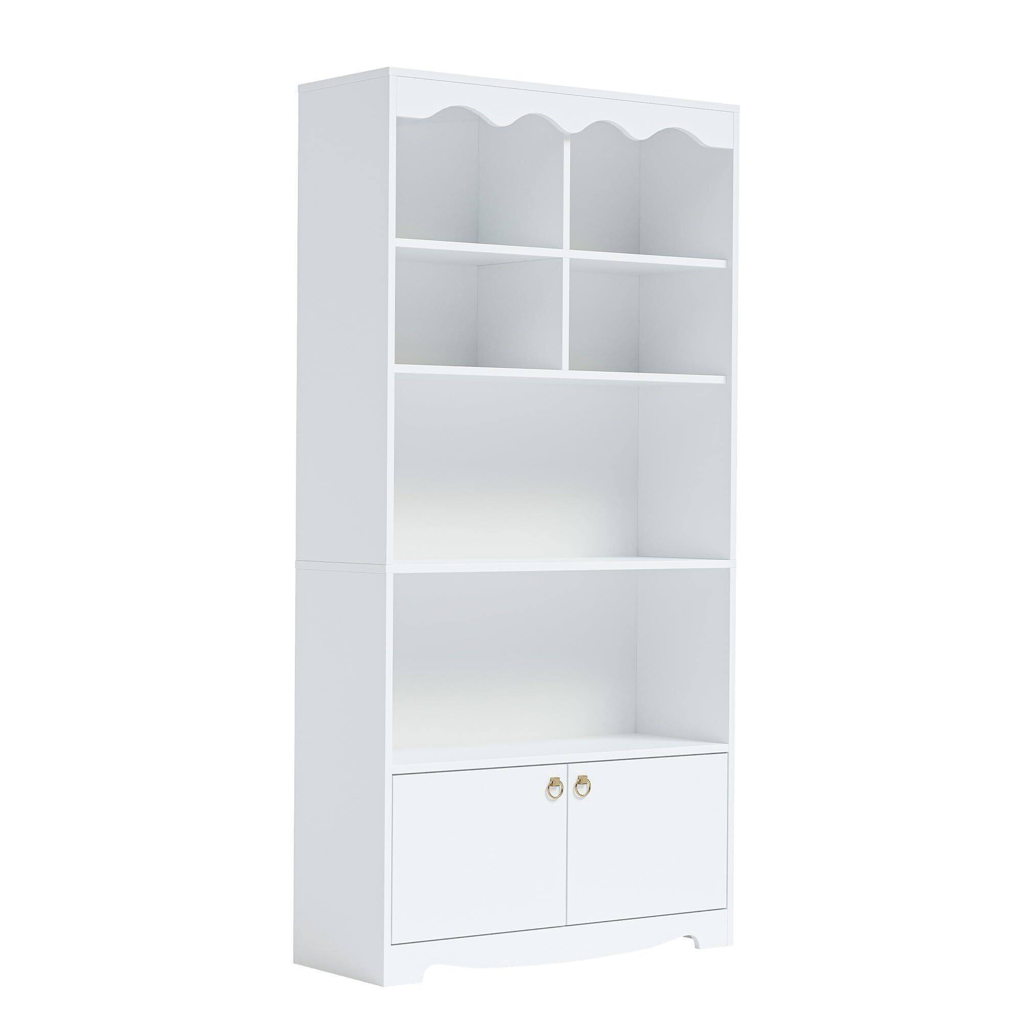 Front. Acekool - 5 Tier Bookcase with Doors, 63 in Tall Modern White Bookshelf with Cabinets - White.