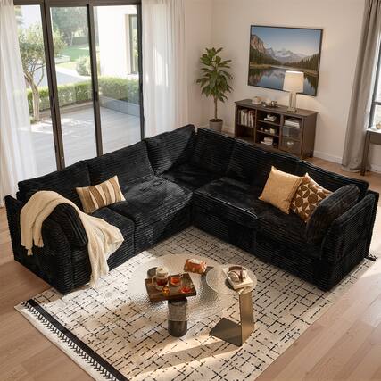 Front. Ovios - 130.7" Modular Sectional Sofa, 5 Seat Plush Corduroy Couch for Living Room - Black.