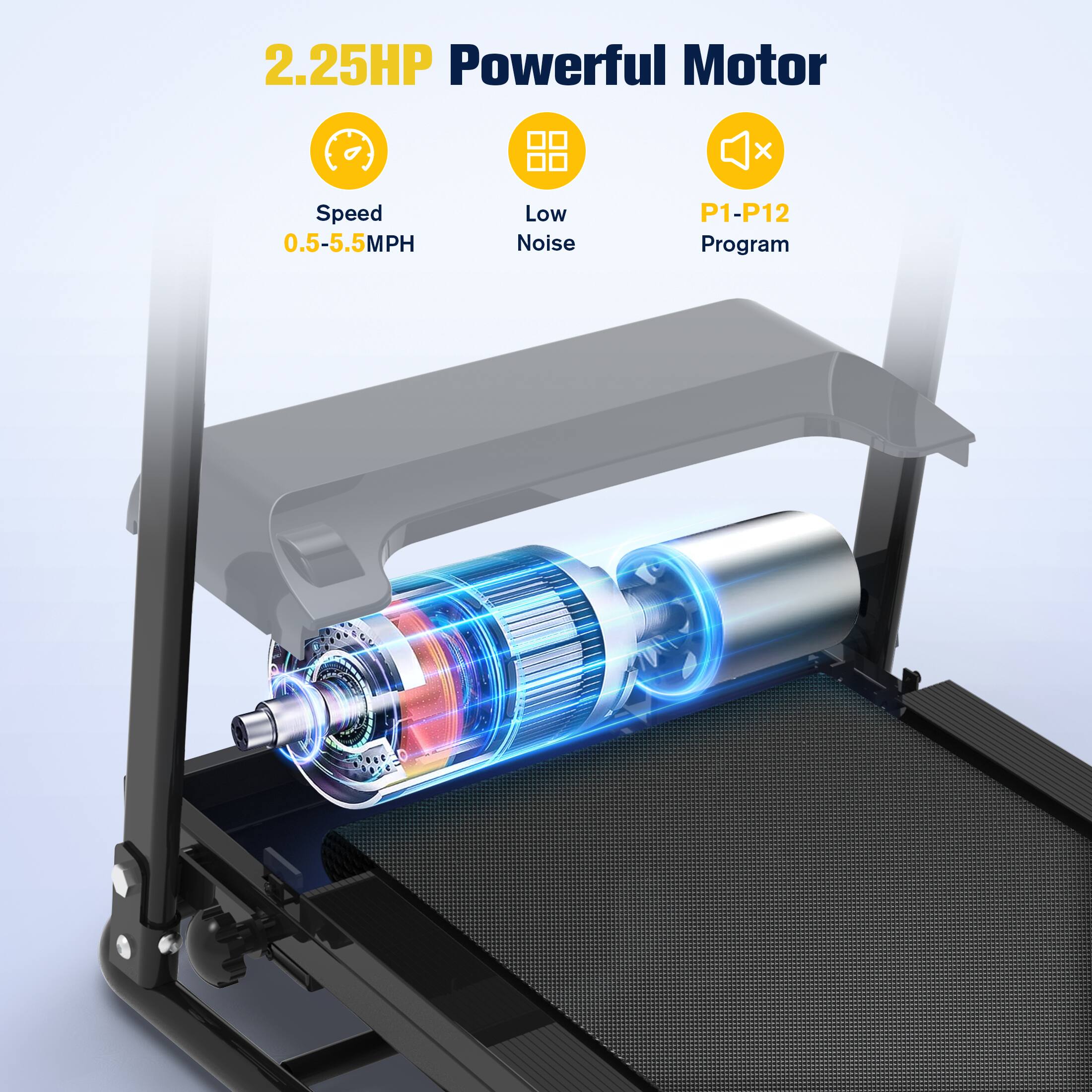 2.25HP Powerful Motor
Speed 0.5-5.5MPH
Low Noise
P1-P12 Program