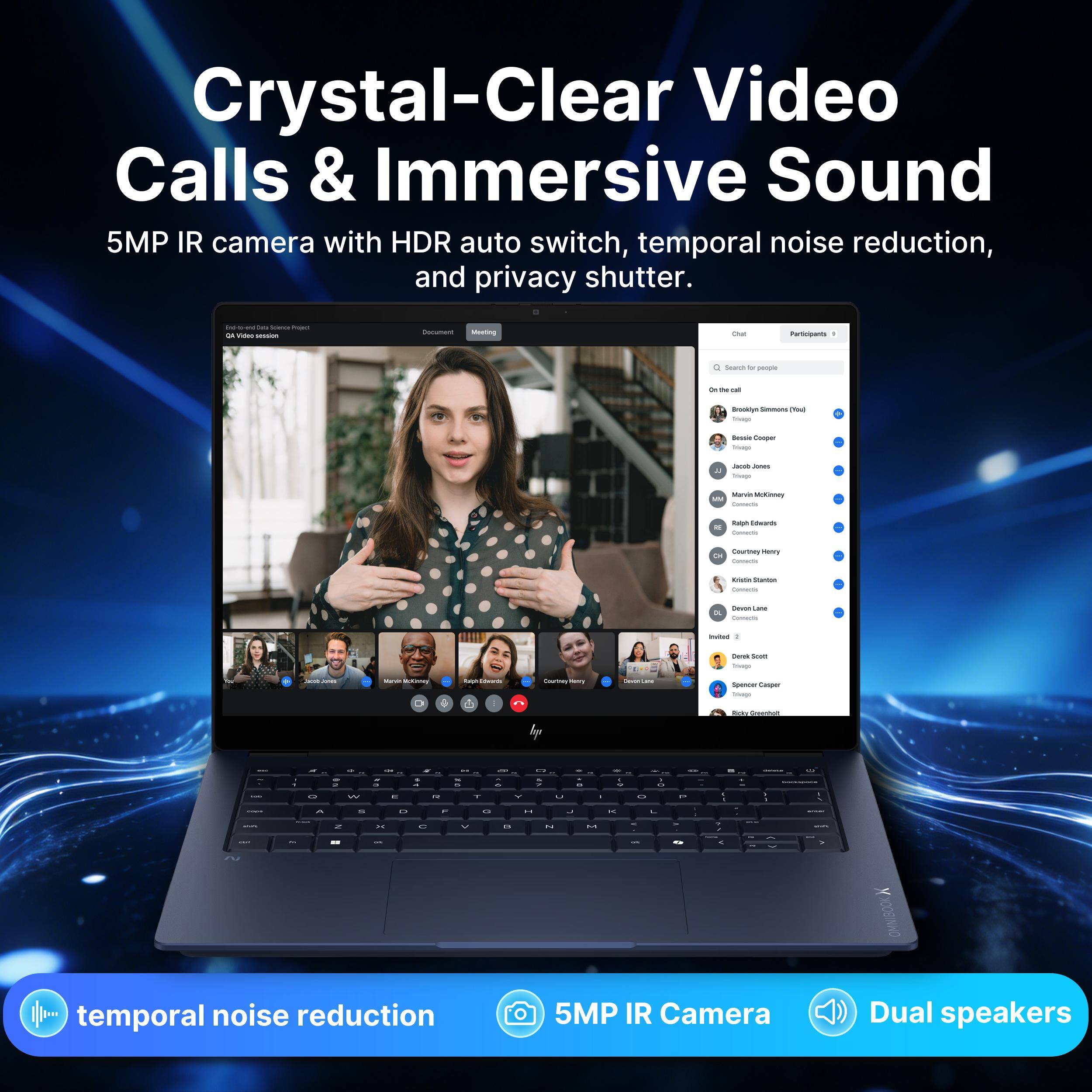 Crystal-Clear Video Calls & Immersive Sound  
5MP IR camera with HDR auto switch, temporal noise reduction, and privacy shutter.  
5MP IR Camera  
Dual speakers