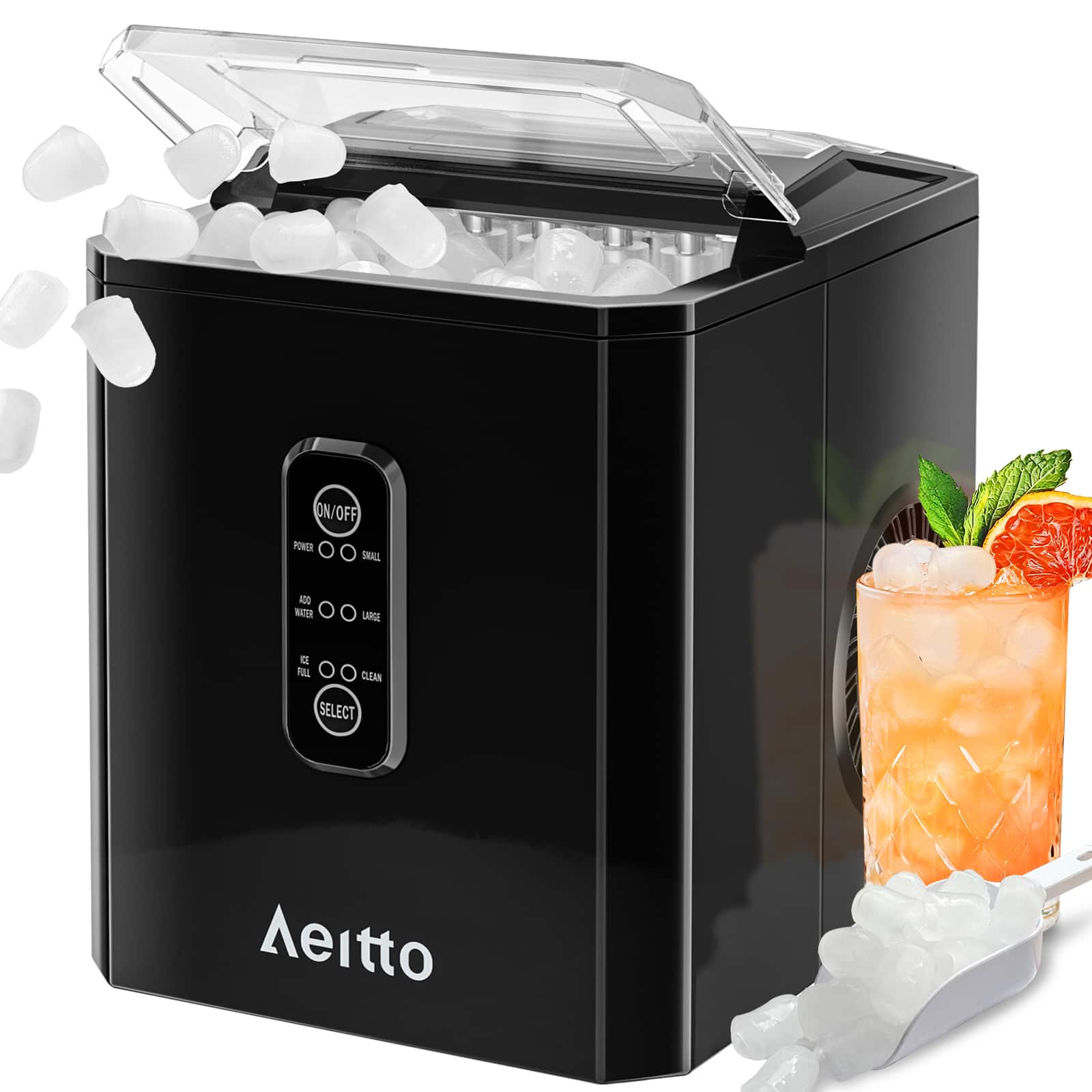 Aeitto - 2 Sizes of Bullet Ice Machine, 9 Ice Cubes Release in 6 Mins, 26Lbs/24H - Black