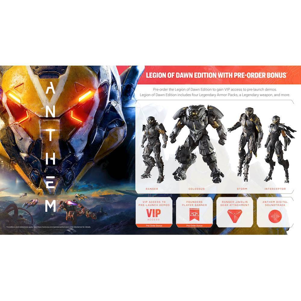 The image features a video game called Anthem, which is a science fiction action game. The game is advertised as having a Legion of Dawn Edition with a pre-order bonus, which includes four Legendary Armor Packs, a Legendary weapon, and more. The image also showcases four different characters from the game, each with their own unique appearance and abilities. The game is set in a futuristic world, where players can explore and engage in various activities, such as flying through the air on jetpacks and using advanced weaponry.