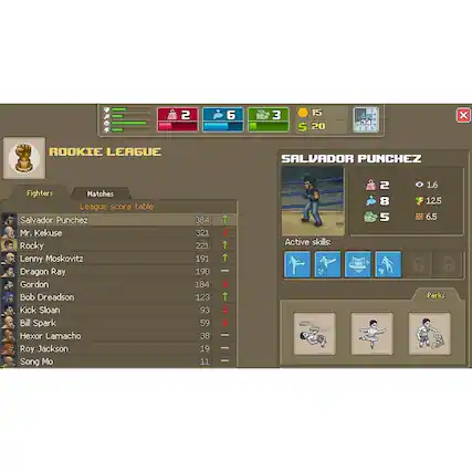 The image displays a Rookie League game featuring Salvador Punchez. The game shows the player's current score, as well as the scores of other players in the league. The player's active skills and perks are also visible, indicating their strengths and abilities in the game. The image captures the excitement and competitive nature of the Rookie League, where players strive to improve their skills and rankings within the league. - T (Teen 13+)