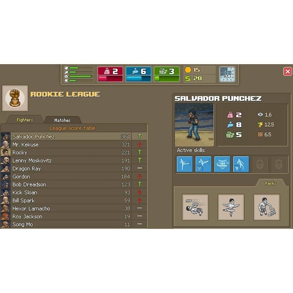 The image displays a Rookie League game featuring Salvador Punchez. The game shows the player's current score, as well as the scores of other players in the league. The player's active skills and perks are also visible, indicating their strengths and abilities in the game. The image captures the excitement and competitive nature of the Rookie League, where players strive to improve their skills and rankings within the league. - T (Teen 13+)