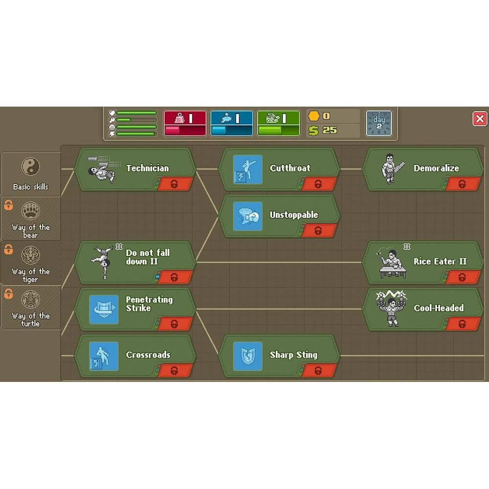 The image features a flow chart with various skills and abilities listed, such as "Do not fall down," "Unstoppable," "Demonize," "Way of the bear," "Way of the tiger," "Rice Eater," "Cool-Headed," "Penetrating Strike," and "Sharp Sting." The chart is organized with different levels of skills and abilities, and it appears to be a part of a game or a learning platform.