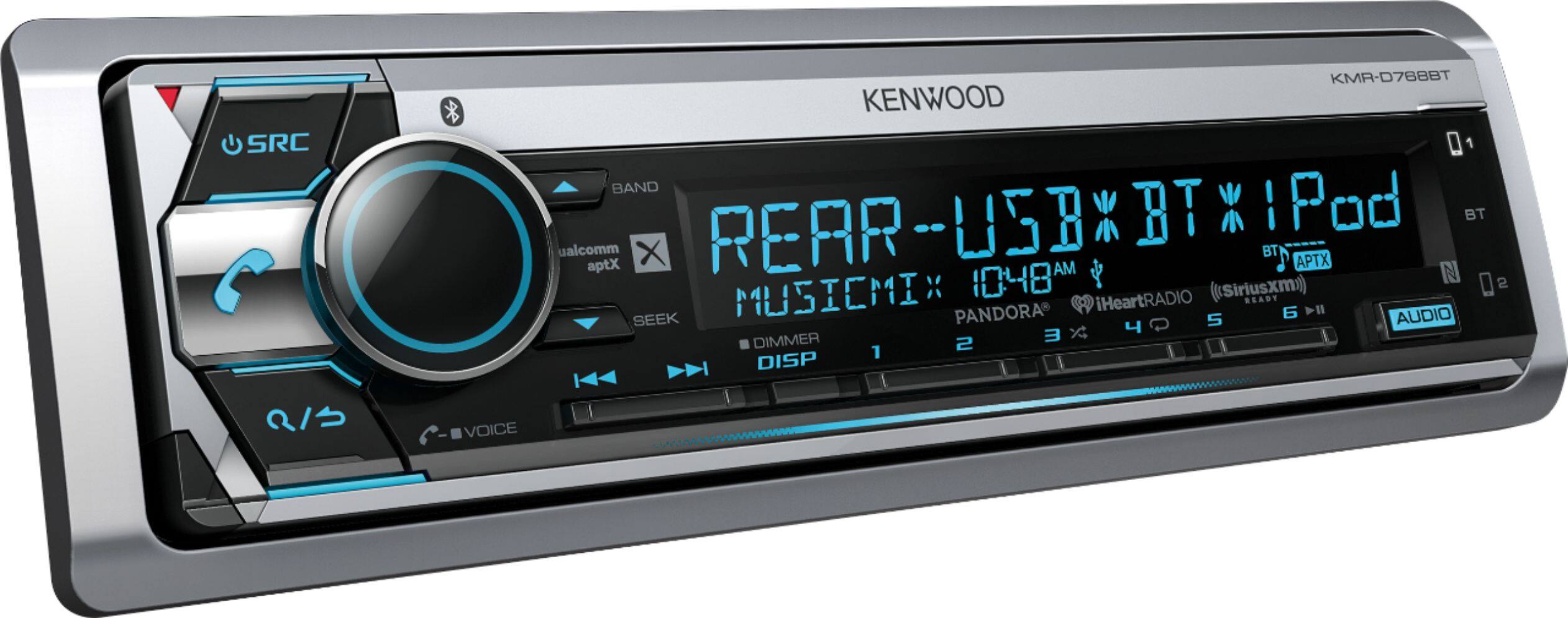 Left. Kenwood - Geek Squad Certified Refurbished In-Dash CD/DM Receiver - Built-in Bluetooth - Satellite Radio with Detachable Faceplate - Silver/Black.