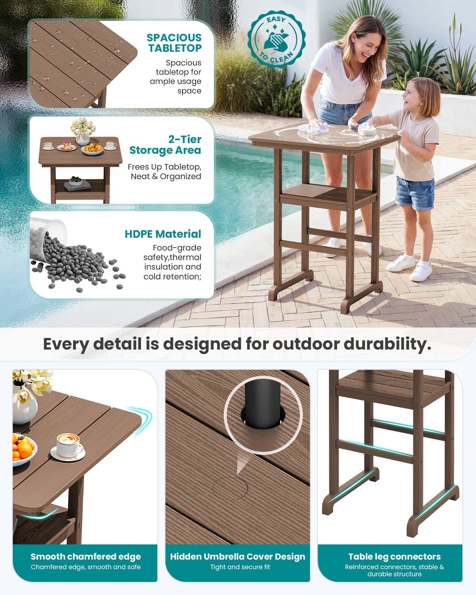 EASY TO CLEAN

SPACIOUS TABLETOP
Spacious tabletop for ample usage space

2-Tier Storage Area
Frees Up Tabletop, Neat & Organized

HDPE Material
Food-grade safety, thermal insulation and cold retention;

Every detail is designed for outdoor durability.

Smooth chamfered edge
Chamfered edge, smooth and safe

Hidden Umbrella Cover Design
Tight and secure fit

Table leg connectors
Reinforced connectors, stable & durable structure