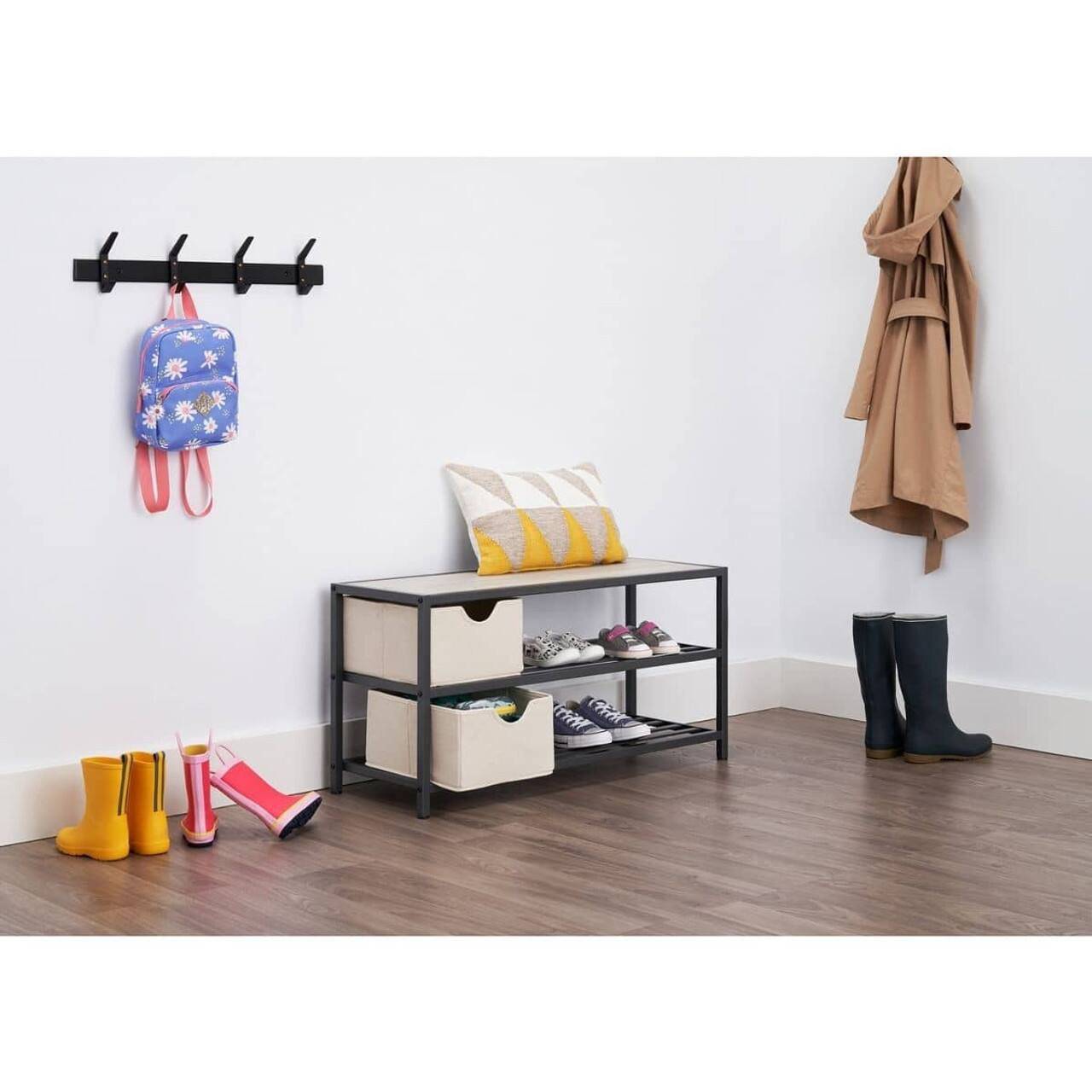 Left. TRINITY - 3-Tier Shoe Bench w/ Baskets Slate Gray - Slate Gray.