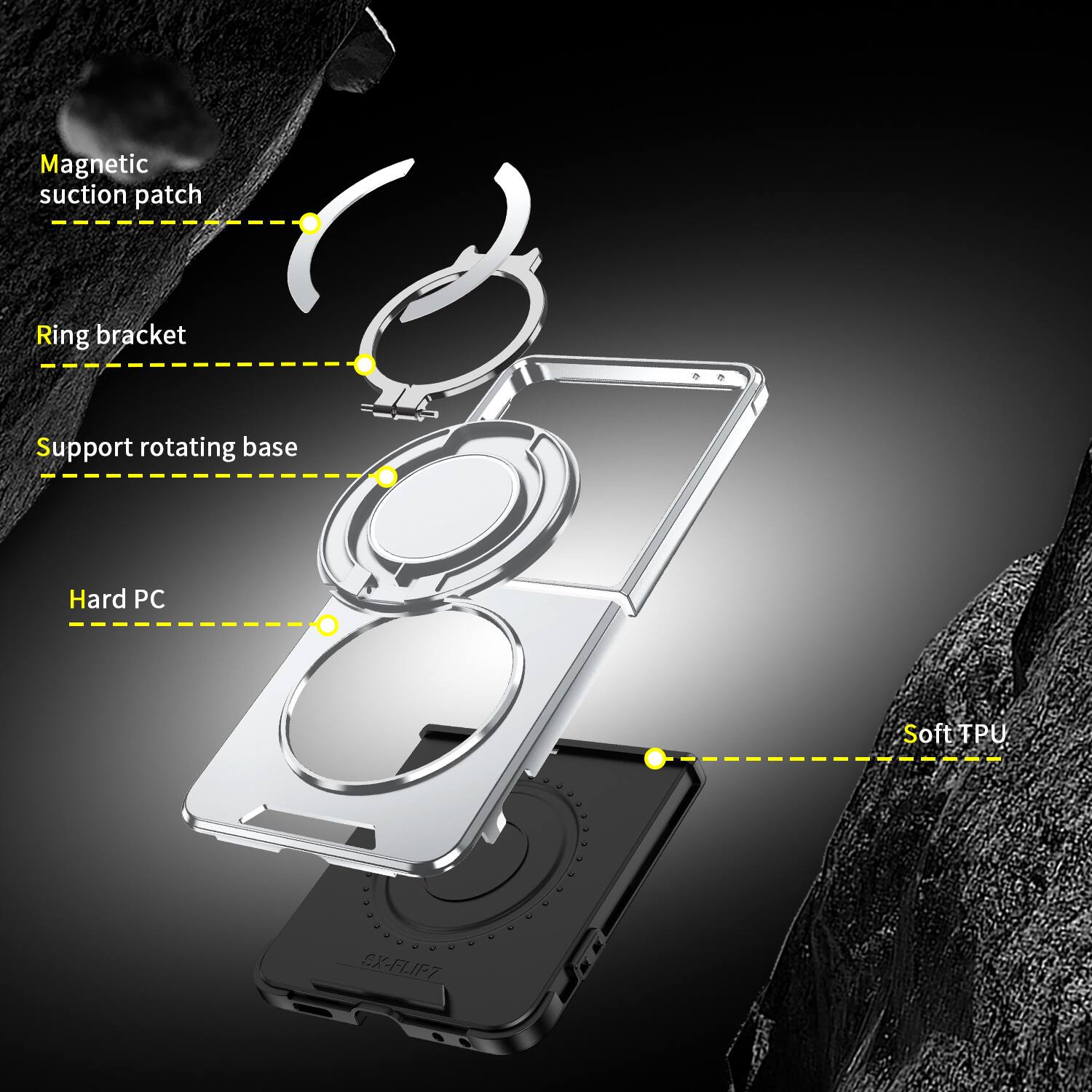 Magnetic suction patch  
Ring bracket  
Support rotating base  
Hard PC  
Soft TPU  
SX-FLIP7