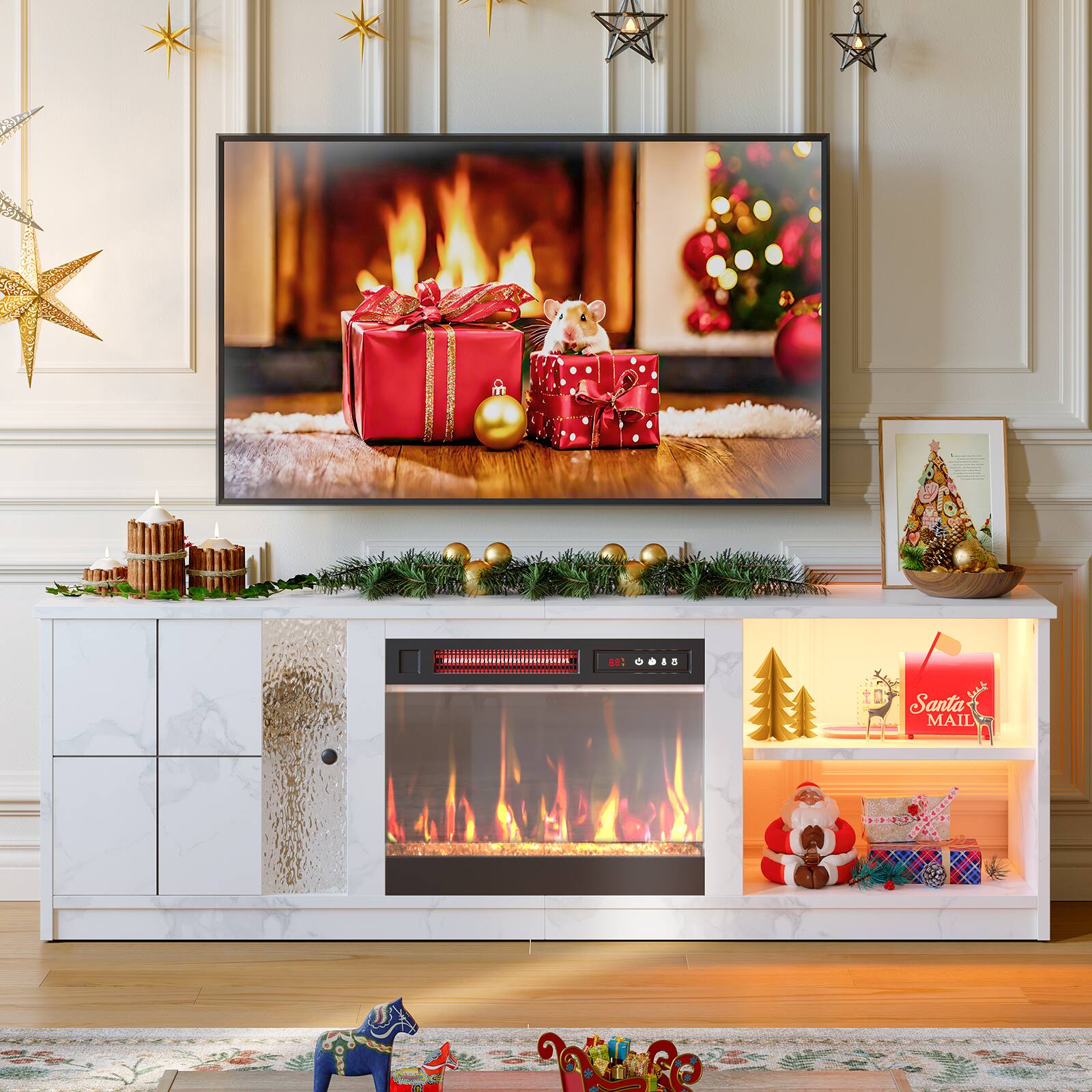 Pinmoco - TV Stand with Electric Fireplace LED TV Console Fits TVs up to 70 inch with Cabinet & Shelves - Marble White