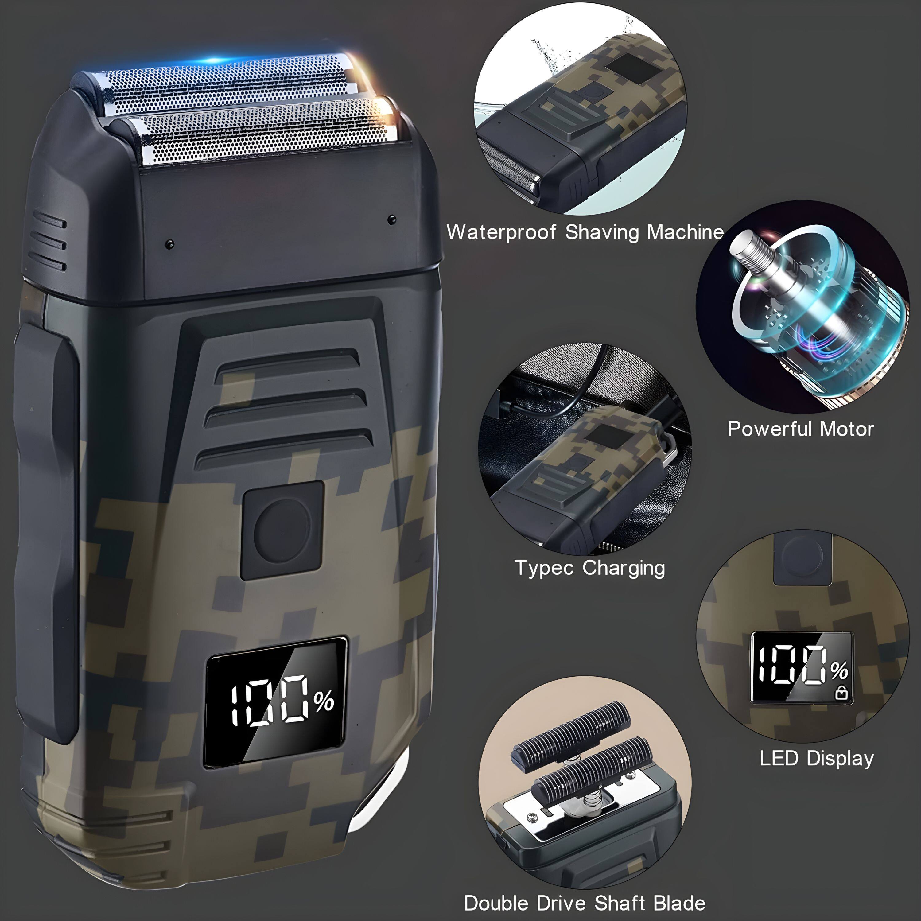- Waterproof Shaving Machine
- Powerful Motor
- Type-C Charging
- LED Display
- Double Drive Shaft Blade