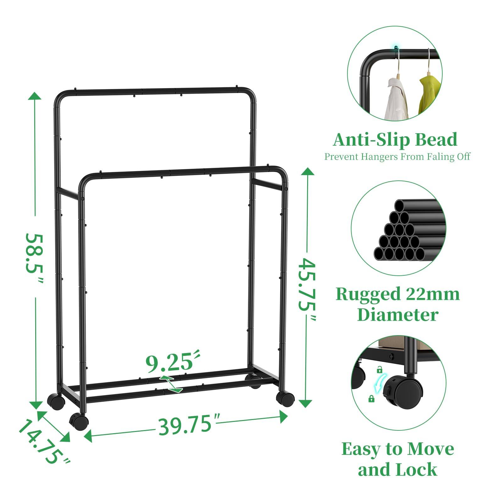 Anti-Slip Bead Prevent Hangers From Falling Off

58.5" x 45.75" x 9.25" x 14.75" x 39.75"

Rugged 22mm Diameter

Easy to Move and Lock