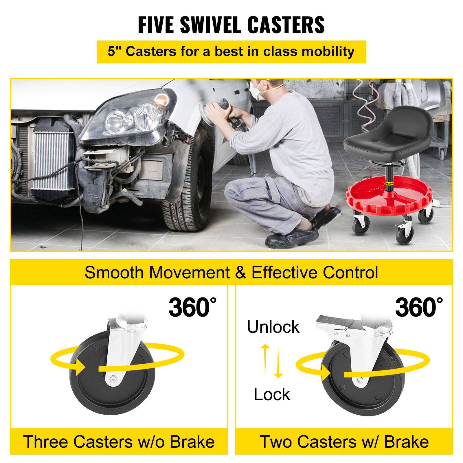 FIVE SWIVEL CASTERS  
5" Casters for a best in class mobility  

Smooth Movement & Effective Control  
360° Unlock 360° Lock  

Three Casters w/o Brake  
Two Casters w/ Brake