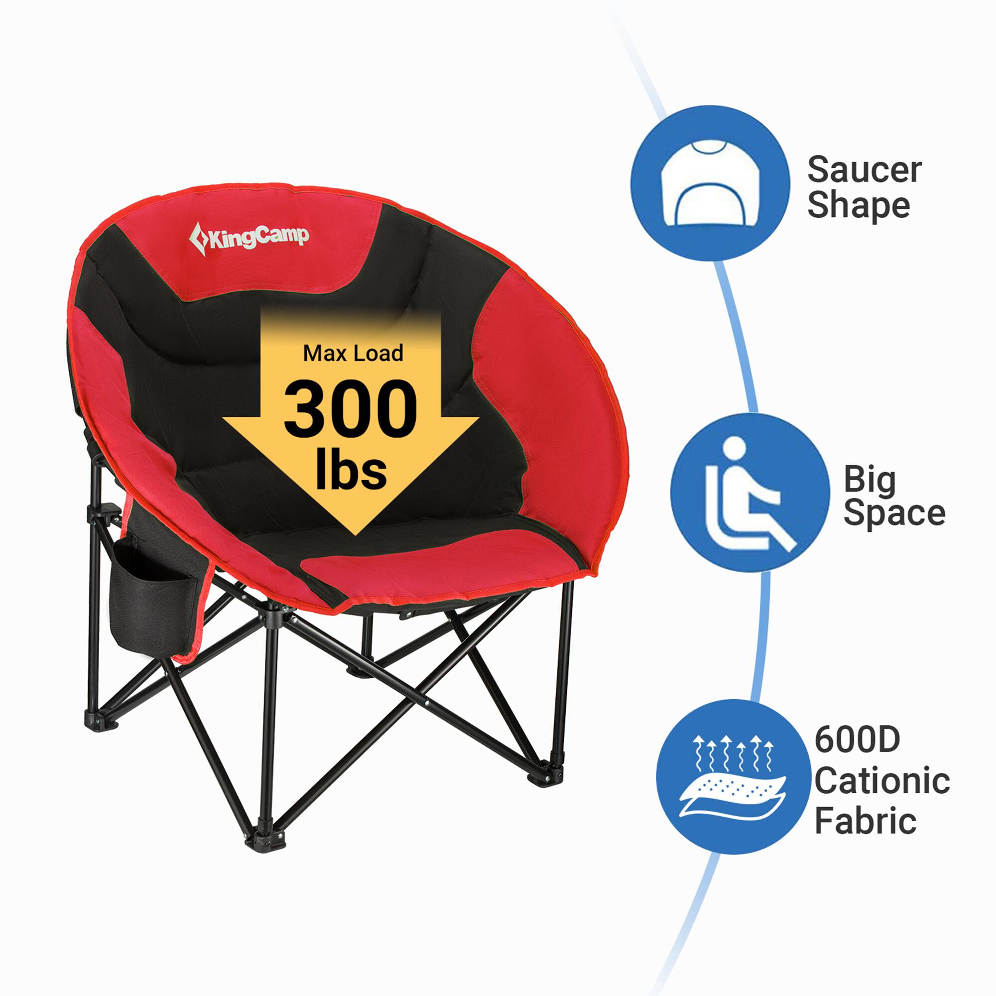 King Camp Saucer Shape  
Max Load 300 lbs  
Big Space  
600D Cationic Fabric