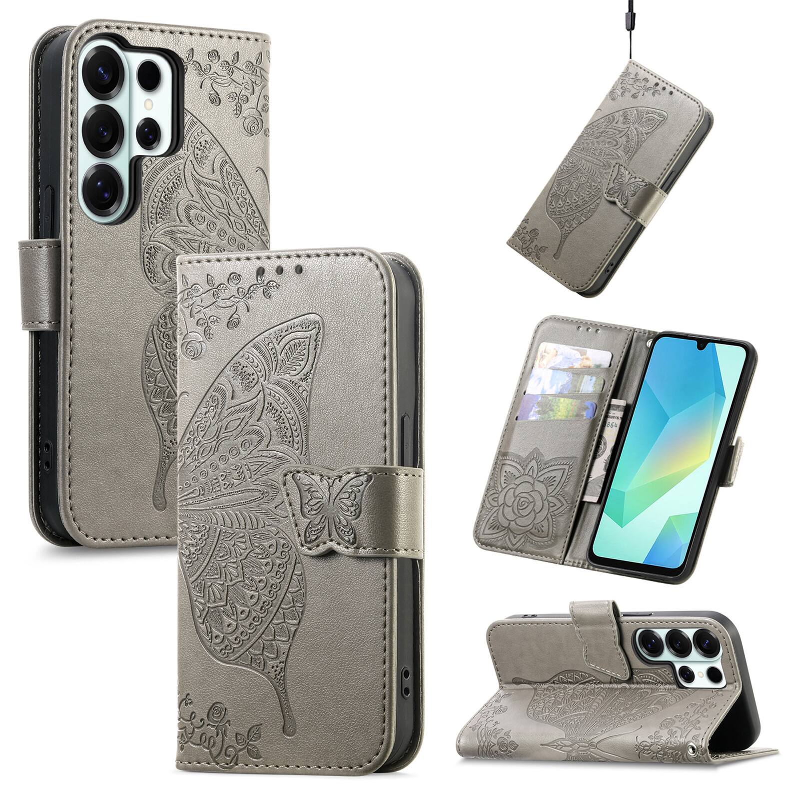 Angle. Dteck - Wallet Case for Samsung Galaxy S25 Ultra, Embossed Butterfly Pattern Leather Card Slots Flip Stand Cover+Strap - Gray.