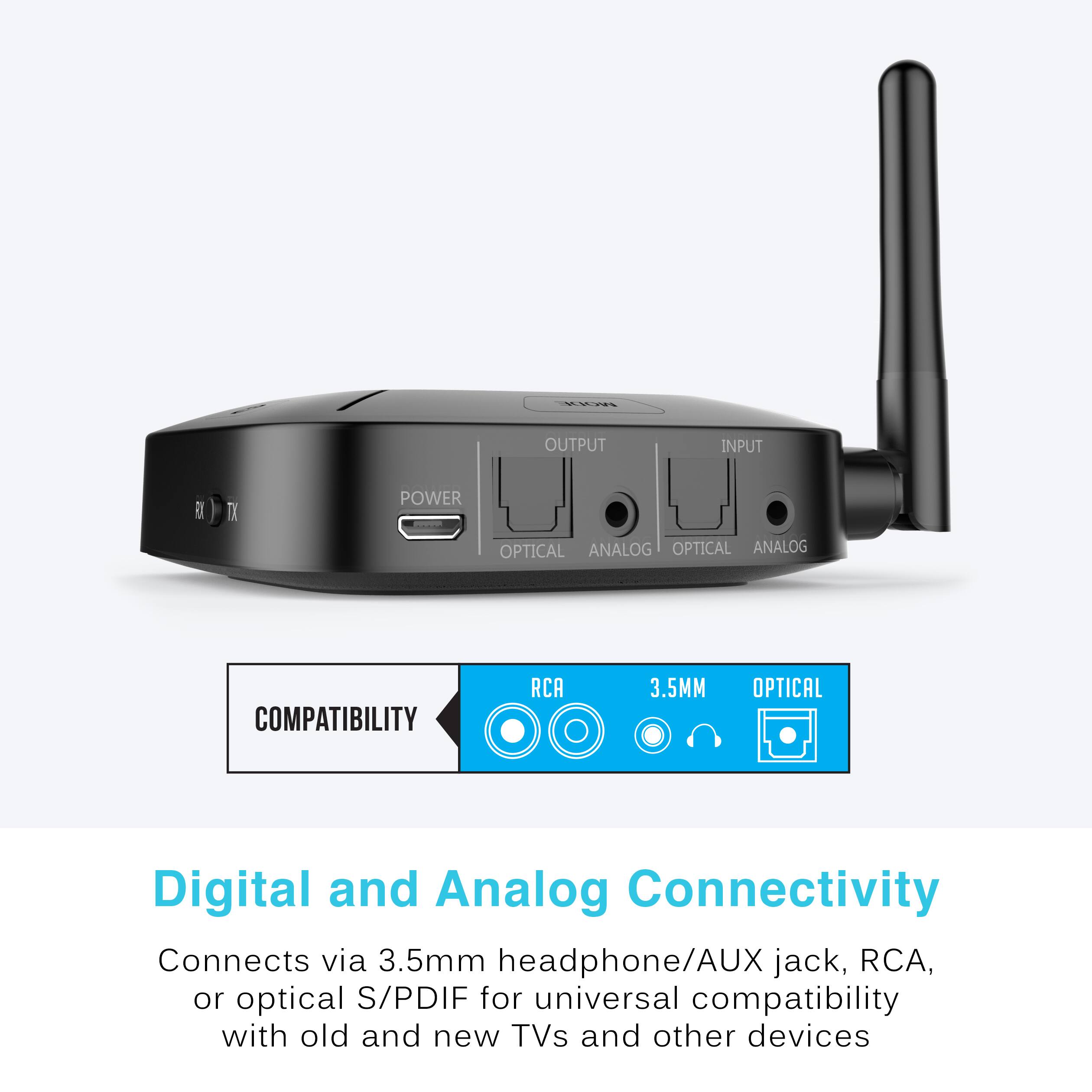 Digital and Analog Connectivity Connects via 3.5mm headphone/AUX jack, RCA, or optical S/PDIF for universal compatibility with old and new TVs and other devices.