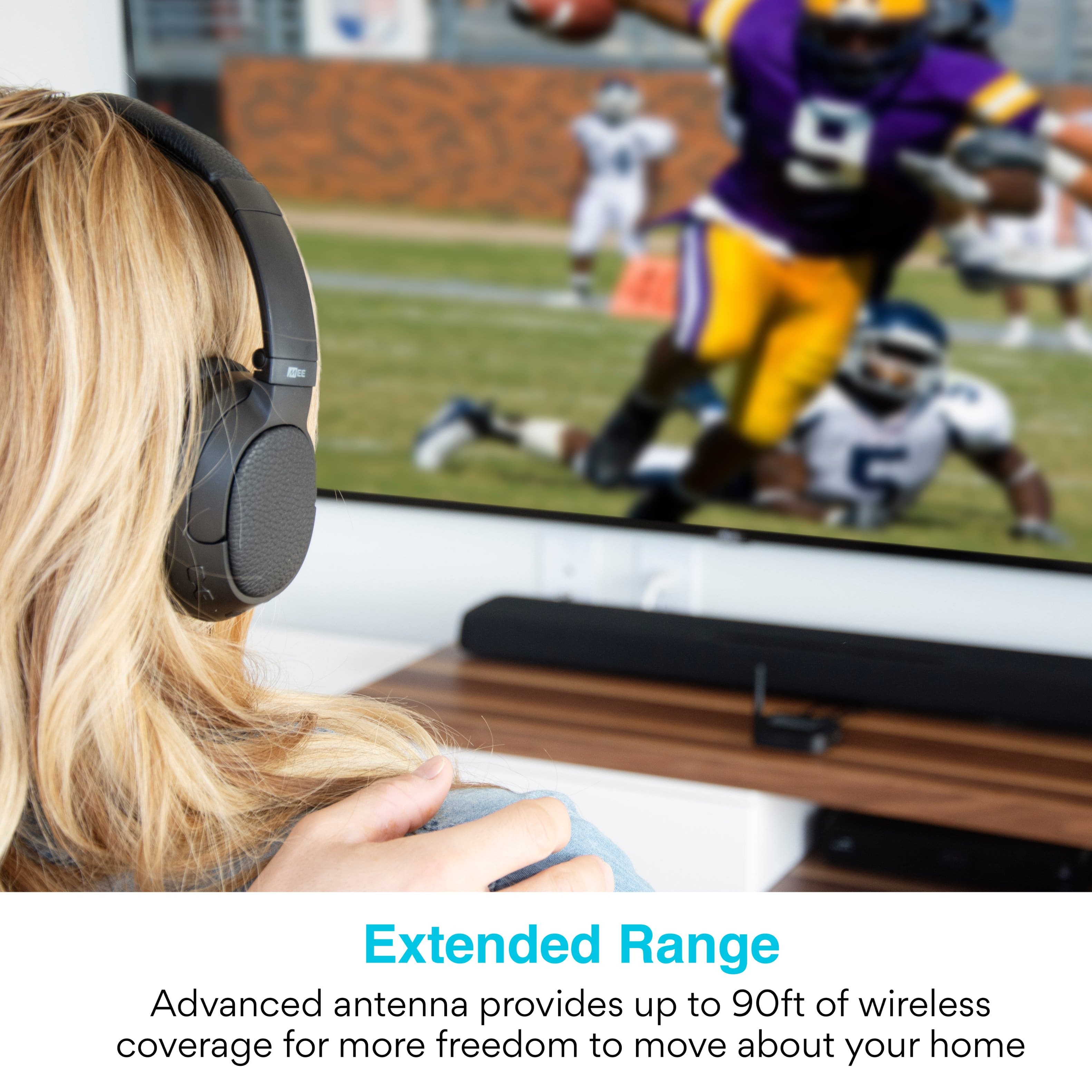 The text on the image reads: "Extended Range Advanced antenna provides up to 90ft of wireless coverage for more freedom to move about your home."