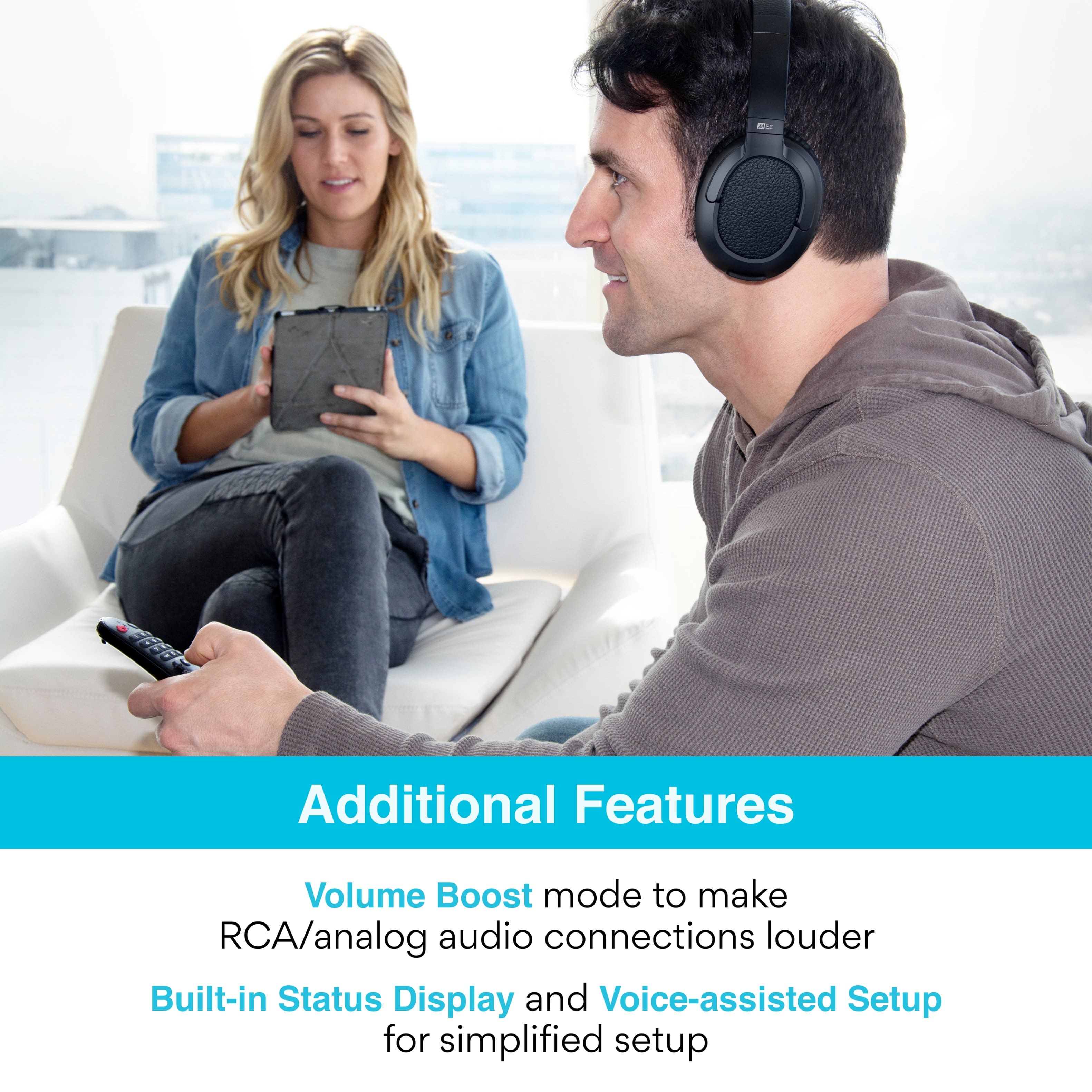 Additional Features: Volume Boost mode to make RCA/analog audio connections louder, Built-in Status Display and Voice-assisted Setup for simplified setup.