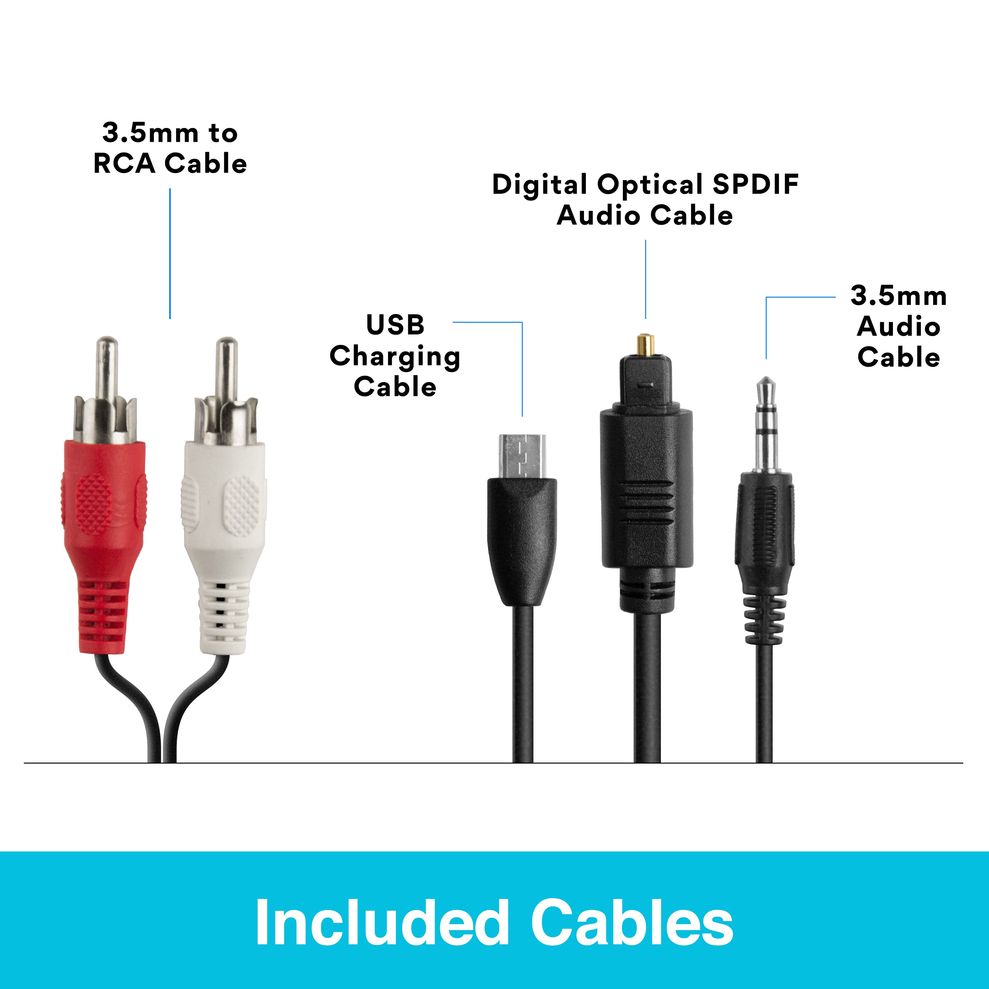 The text on the image reads: "3.5mm to RCA Cable Digital Optical SPDIF Audio Cable USB Charging Cable 3.5mm Audio Cable Included Cables."
