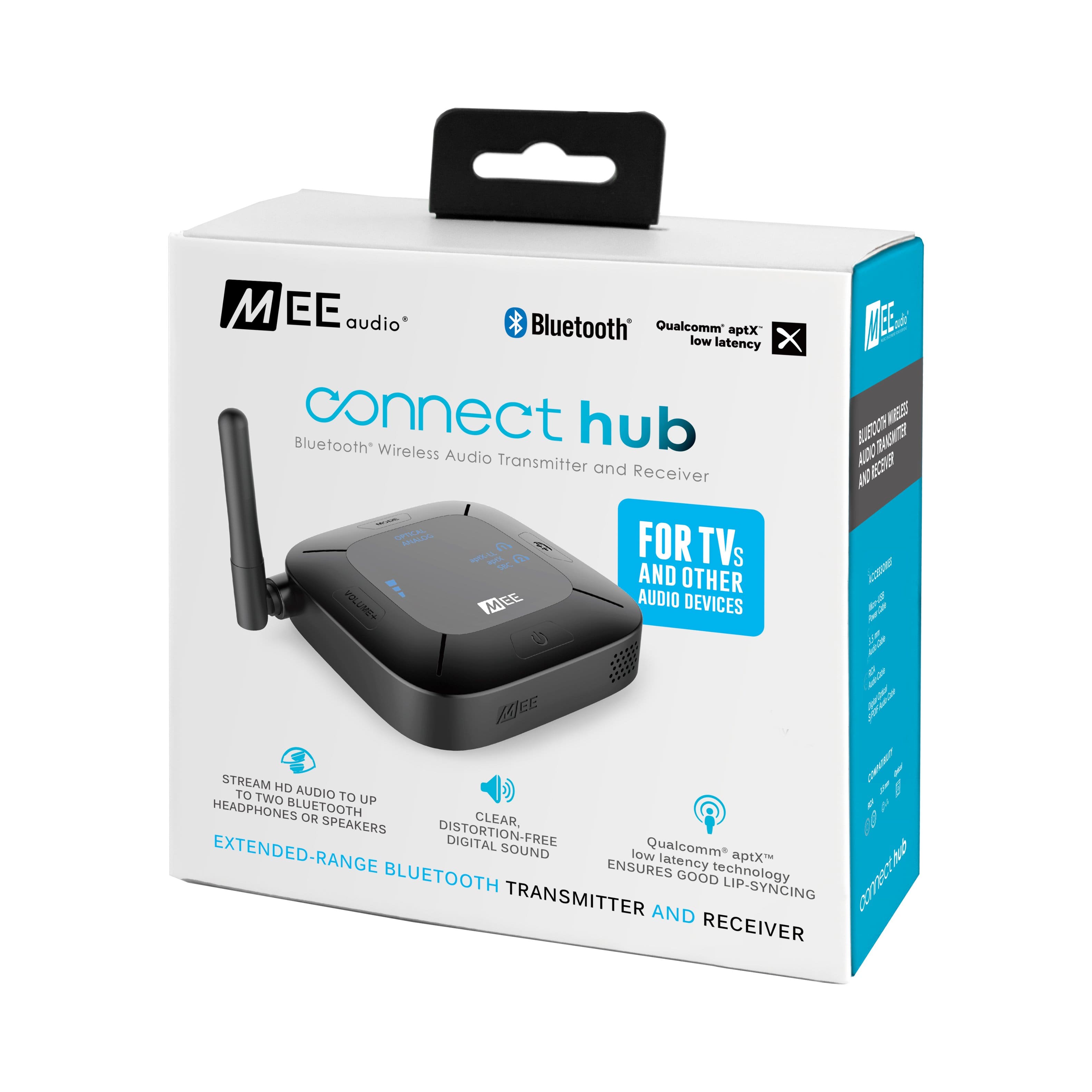 MEE audio Bluetooth Qualcomm aptX low latency connect hub Bluetooth Wireless Audio Transmitter and Receiver for TVs and other MEE audio devices. Stream HD to two audio devices via Bluetooth or Clear, speakers with distortion-free digital sound. Qualcomm extended-range ensures low latency aptX technology.