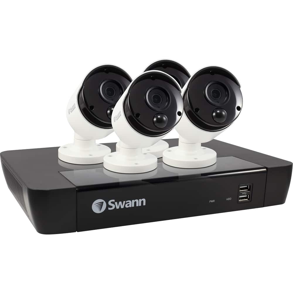 Left. Swann - 8-Channel, 4-Camera Indoor/Outdoor Wired 4K Ultra HD 2TB NVR Surveillance System - Black/White.