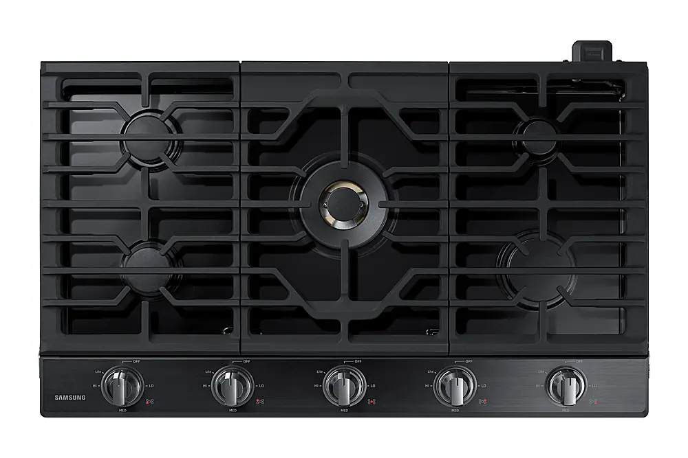 Front. Samsung - 36" Built-In Gas Cooktop with WiFi and Dual Power Brass Burner - Black Stainless Steel.