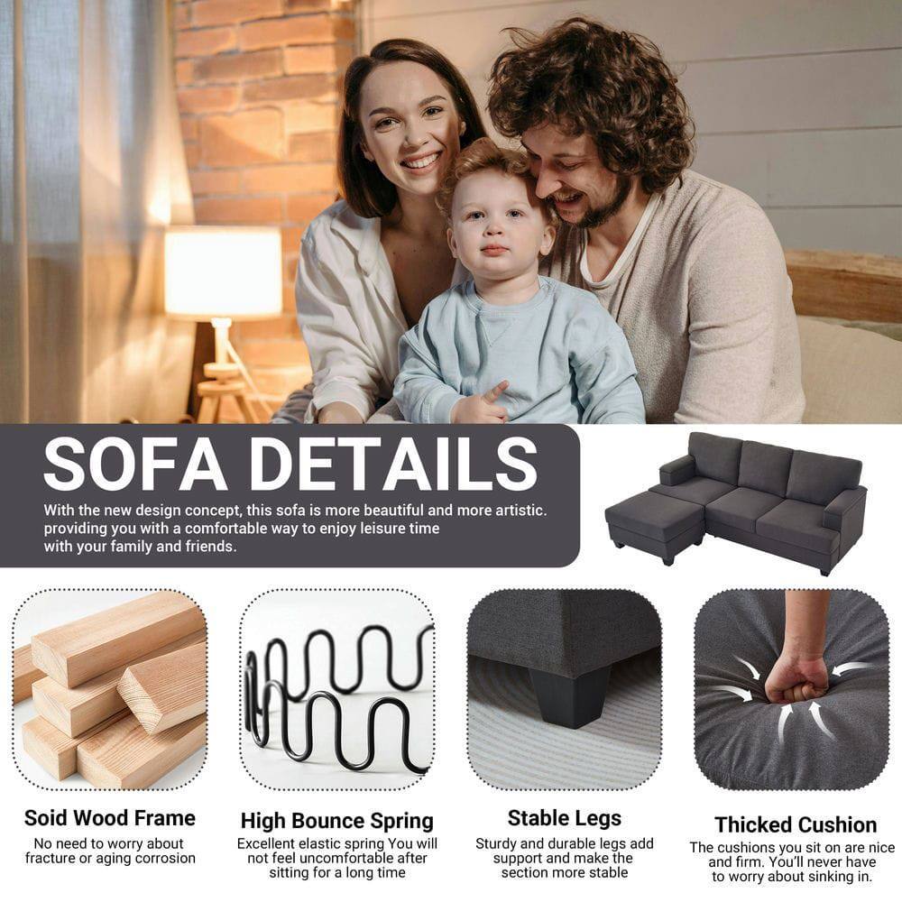 **SOFA DETAILS**

With the new design concept, this sofa is more beautiful and more artistic, providing you with a comfortable way to enjoy leisure time with your family and friends.

- **Solid Wood Frame**  
  No need to worry about fracture or aging corrosion.

- **High Bounce Spring**  
  Excellent elastic spring. You will not feel uncomfortable after sitting for a long time.

- **Stable Legs**  
  Sturdy and durable legs add support and make the section more stable.

- **Thick Cushion**  
  The cushions you sit on are nice and firm. You'll never have to worry about sinking in.