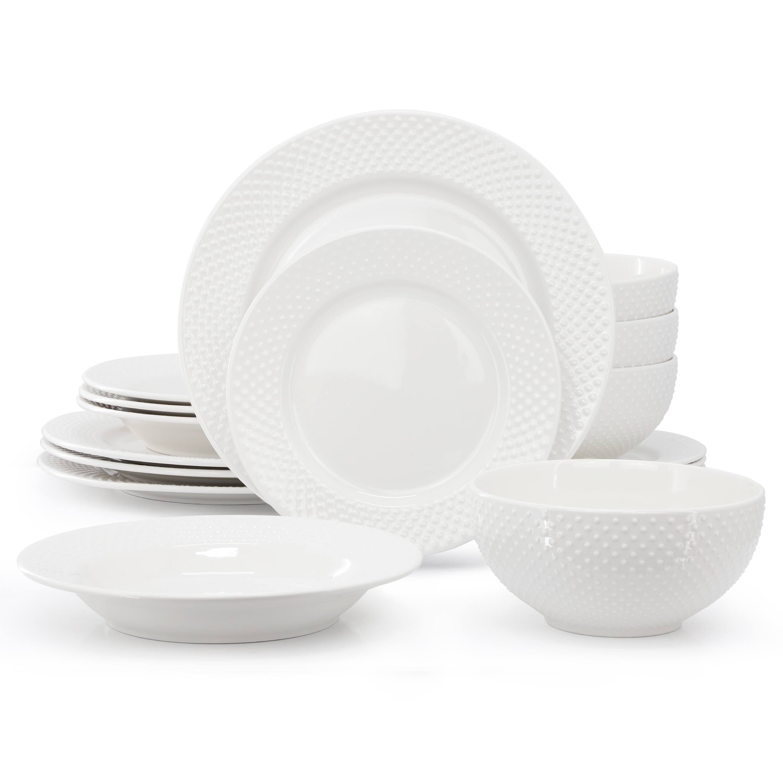 Alt View 3. Elama - Elama Kim 16 Piece Hobnail Double Bowl Porcelain Dinnerware Set in White - White.