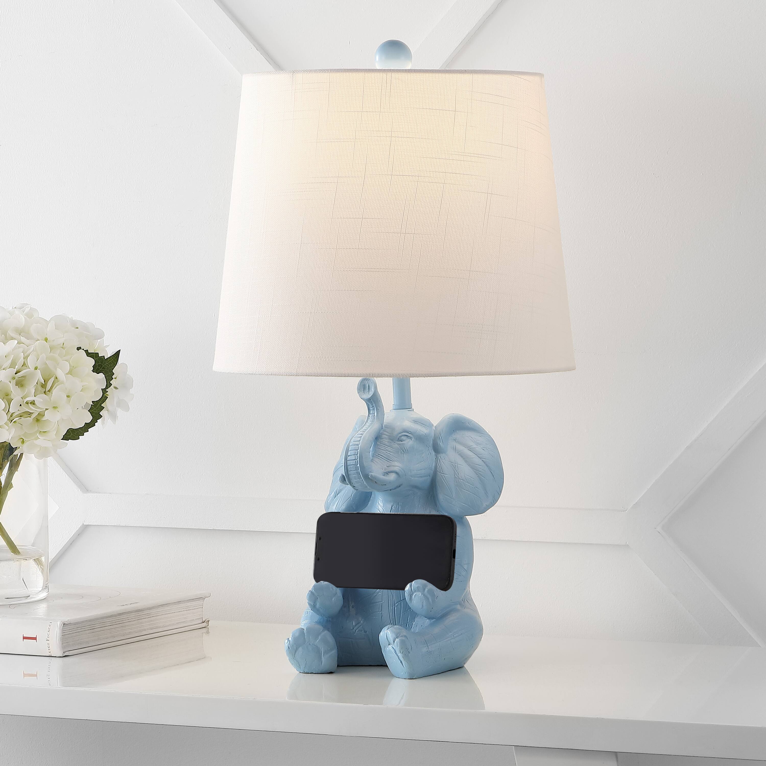 Alt View 1. Jonathan Y - Kairi 21" Modern Shabby Chic Resin/Iron Happy Elephant LED Kids' Table Lamp with Phone Stand, Blue.