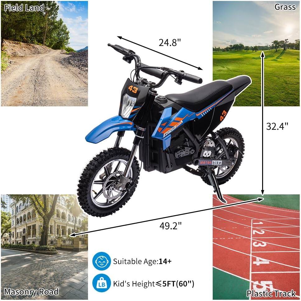 Field Land  
Grass  
Masonry Road  
Plastic Track  

24.8"  
32.4"  
49.2"  

Suitable Age: 14+  
Kid's Height ≤ 5FT (60")  

43  
MOTORbike