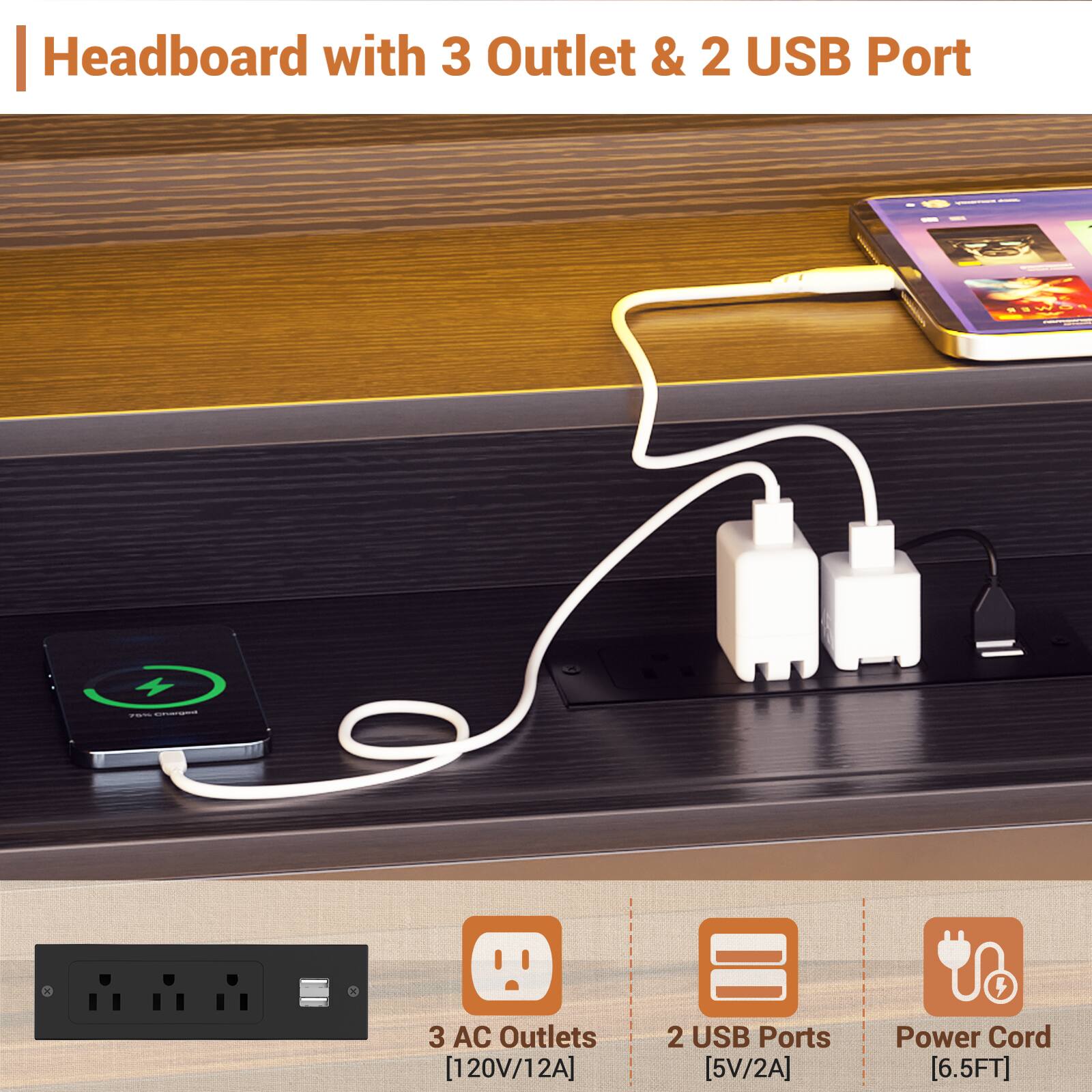 Headboard with 3 Outlet & 2 USB Port

- 3 AC Outlets [120V/12A]
- 2 USB Ports [5V/2A]
- Power Cord [6.5FT]