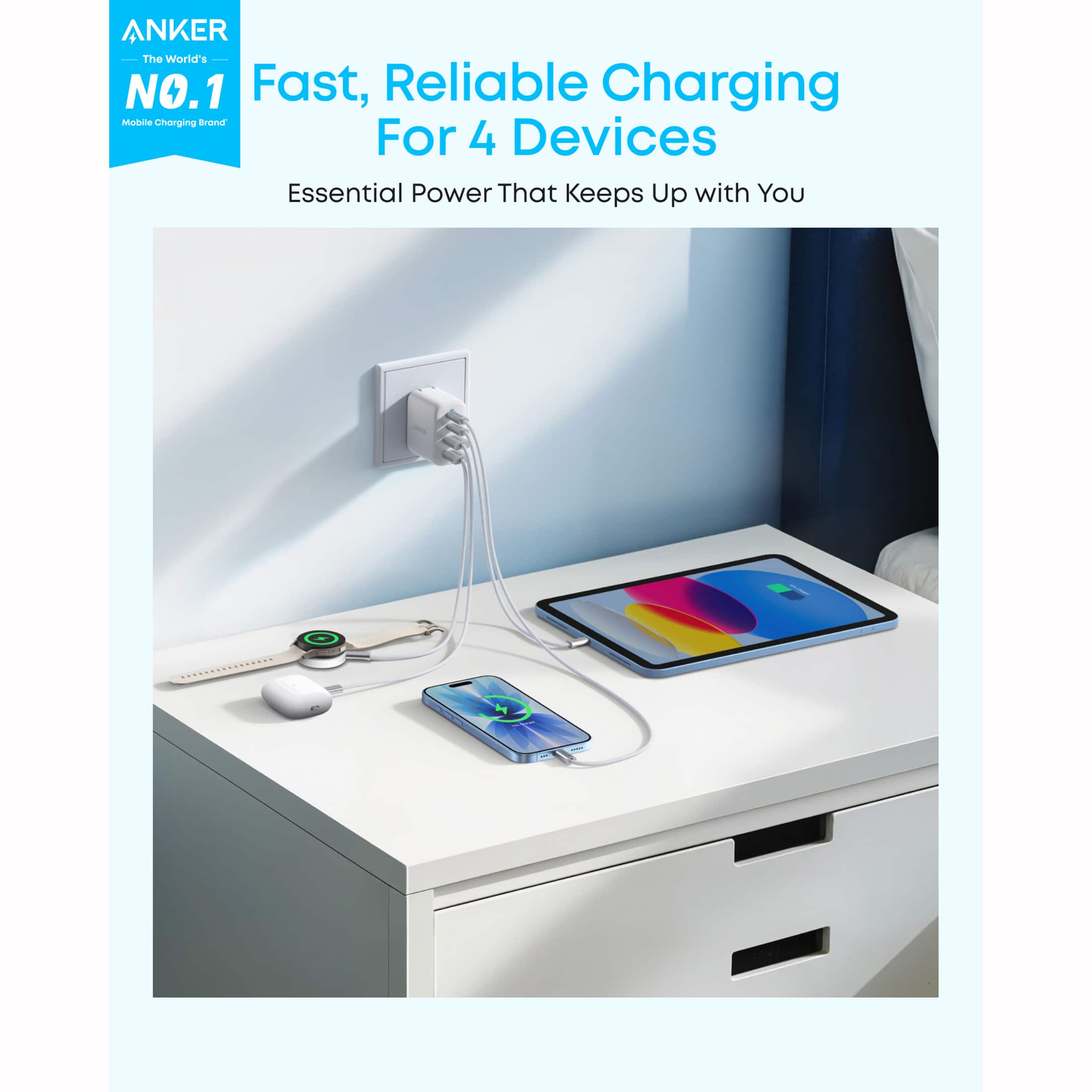 Anker Zolo GaN Wall Charger (50W, 4 Ports, 2 USB C + 2 USB A