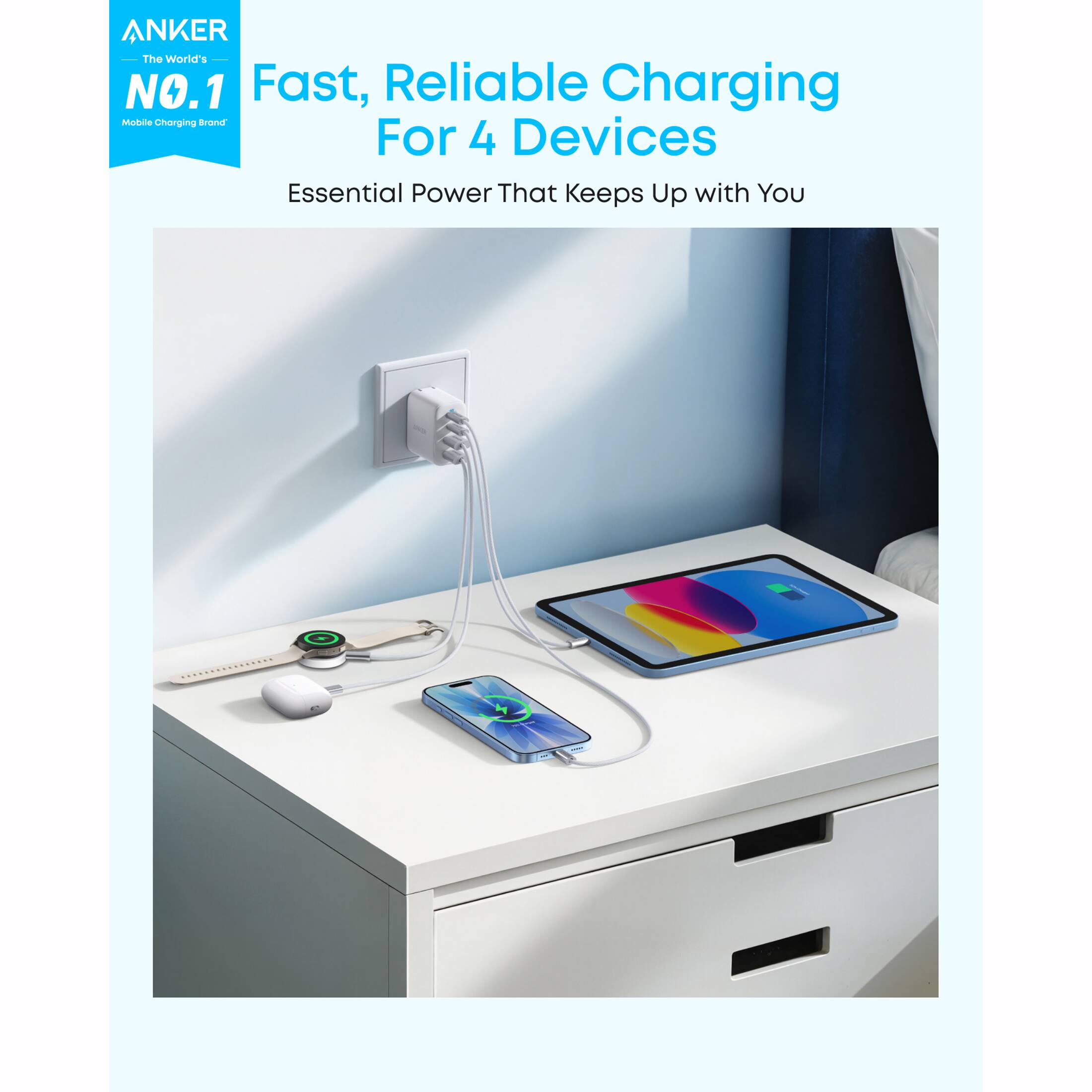 ANKER  
The World's NO.1  
Mobile Charging Brand  

Fast, Reliable Charging  
For 4 Devices  

Essential Power That Keeps Up with You