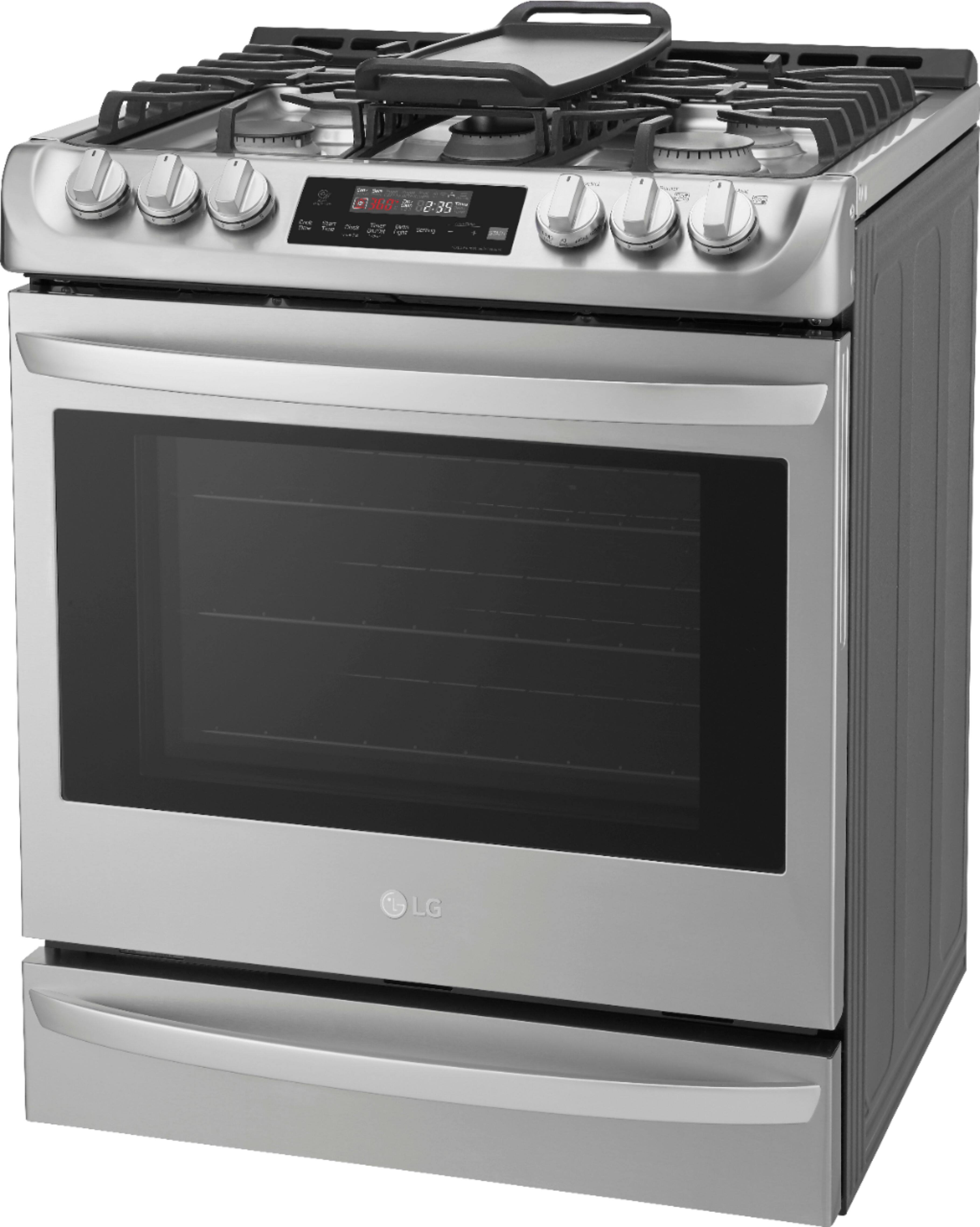 Left View: LG - 6.3 Cu. Ft. Slide-In True Convection Gas Range with EasyClean and UltraHeat Power Burner