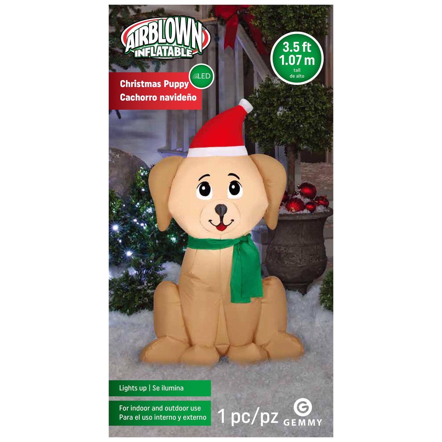 AIRBLOWN INFLATABLE  
Christmas Puppy  
Cachorro navideño  

3.5 ft  
1.07 m de alto  

Lights up | Se ilumina  
For indoor and outdoor use | Para el uso interno y externo  

1 pc/pz  
GEMMY