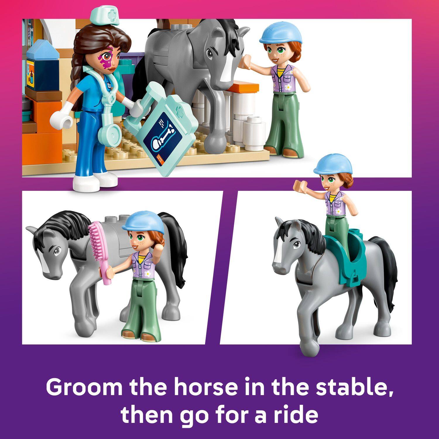 Groom the horse in the stable, then go for a ride.